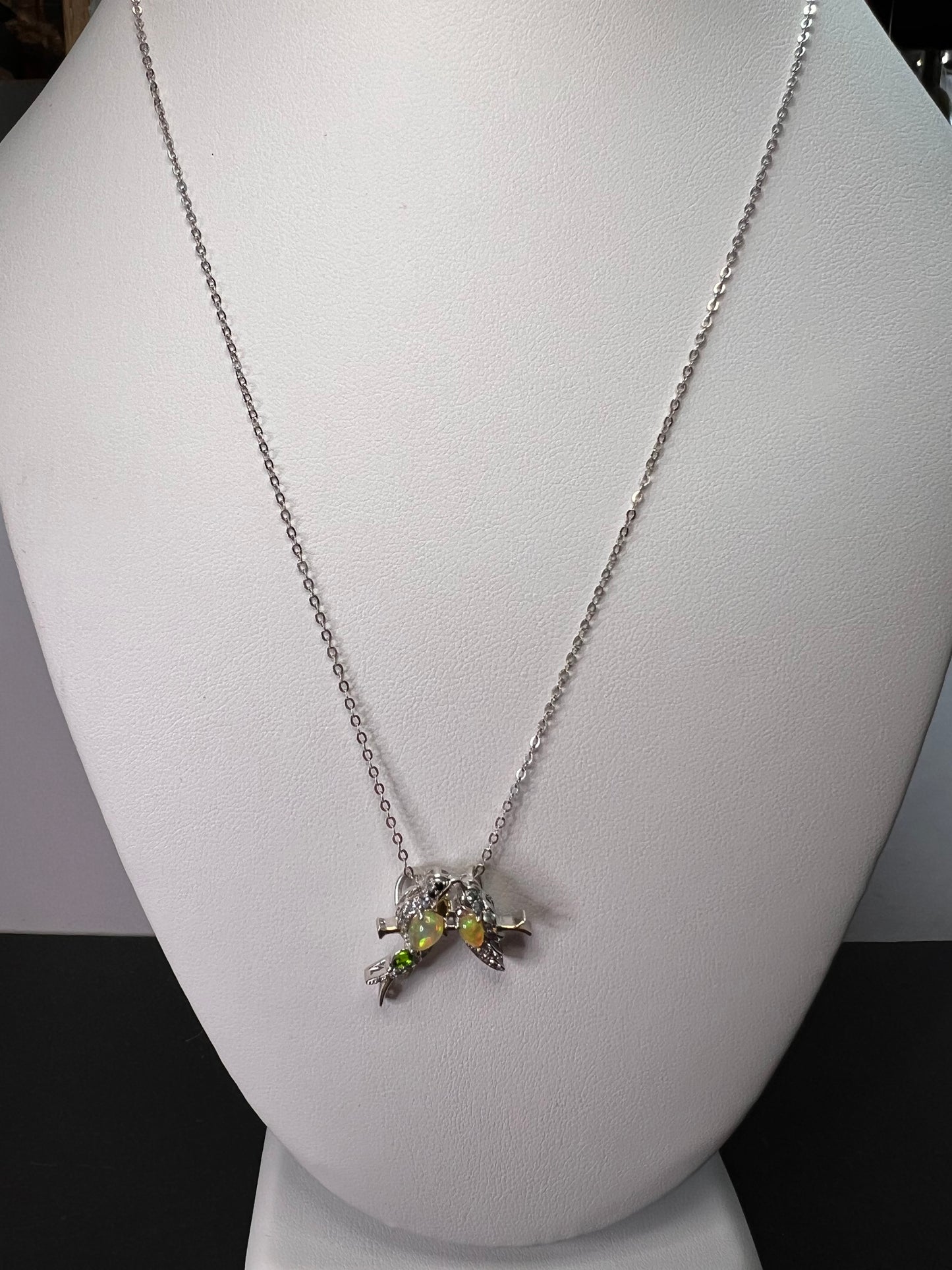 Ethiopian opal love birds multi gemstone two toned pendant and chain in gold and rhodium over sterling silver