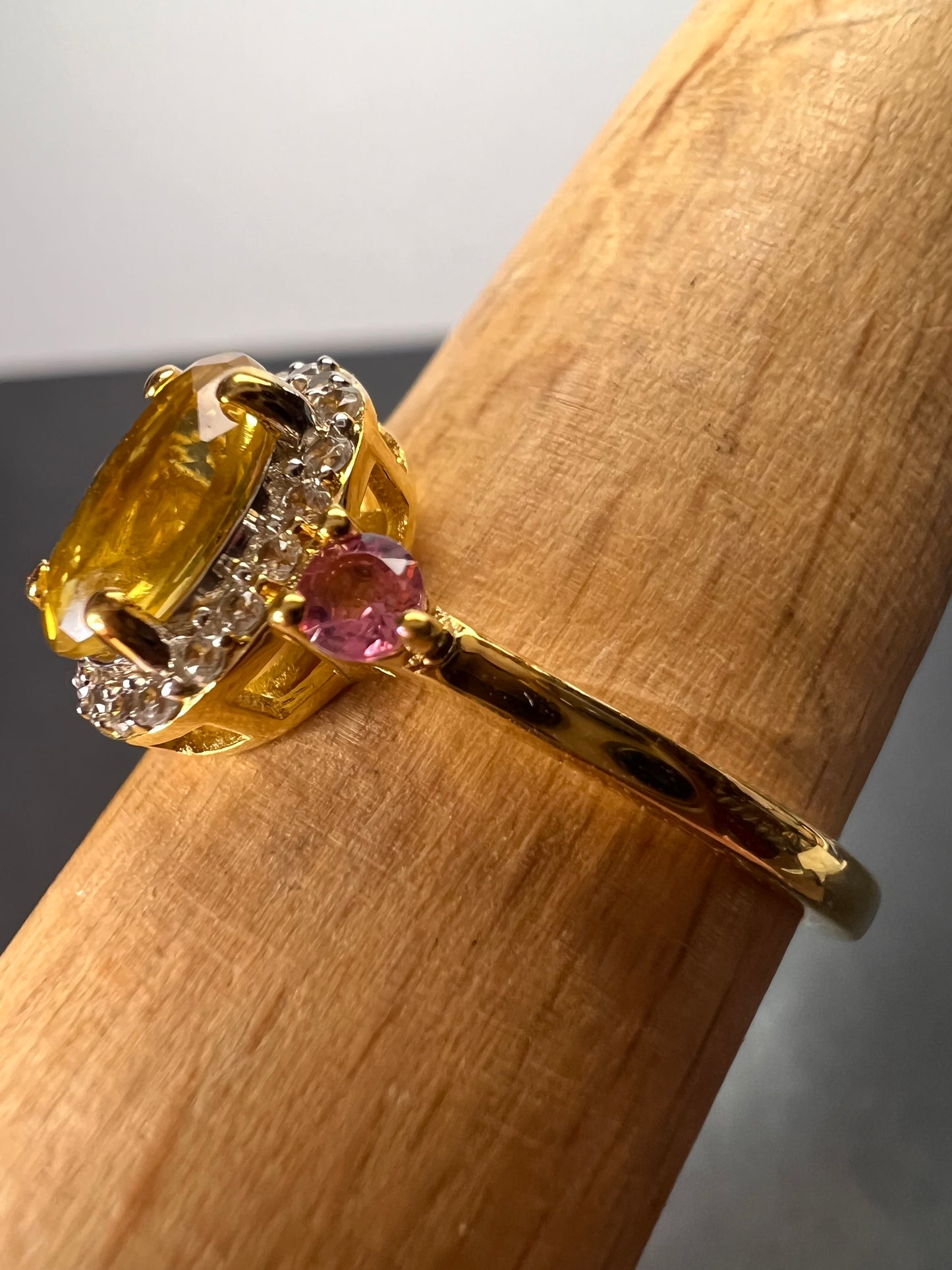 Heliodor and rubellite halo ring in vermeil yellow gold over sterling silver size 9 *NEW*