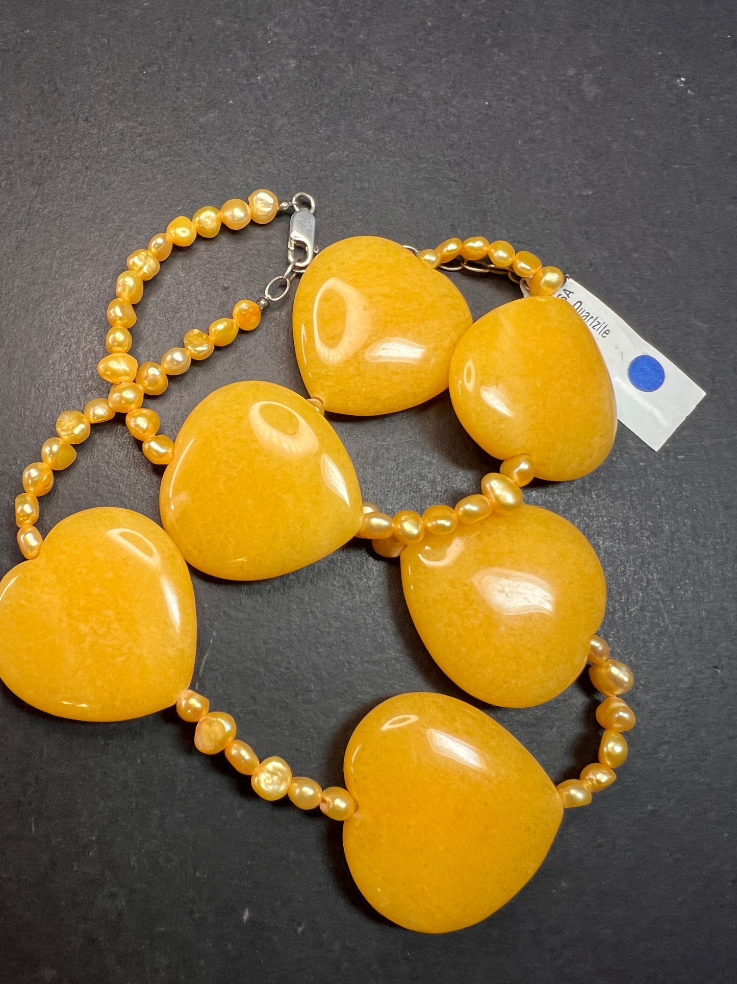 NEW yellow quartzite hearts and pearl station necklace with sterling silver clasp