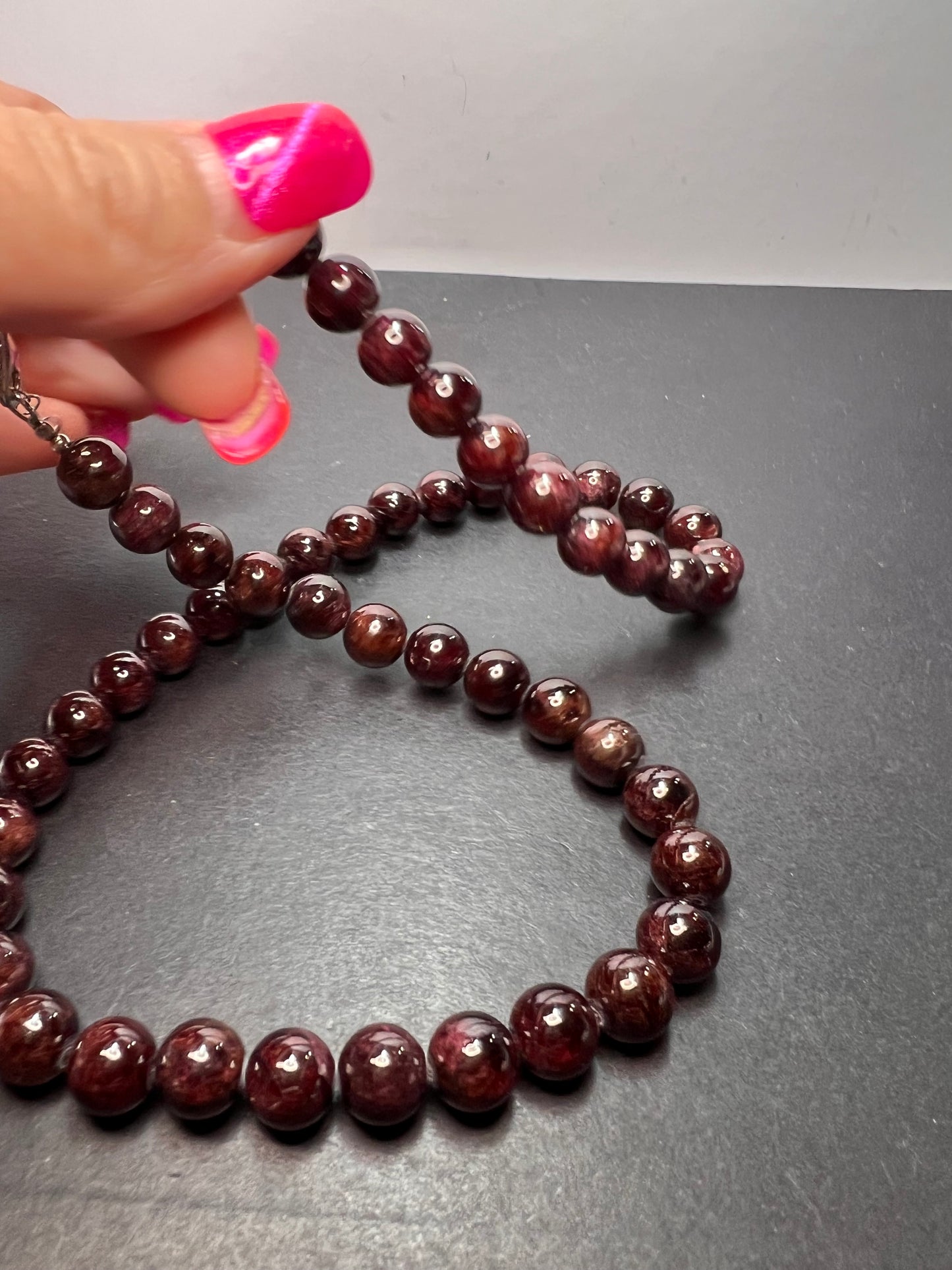 Garnet beaded necklace with sterling silver clasp