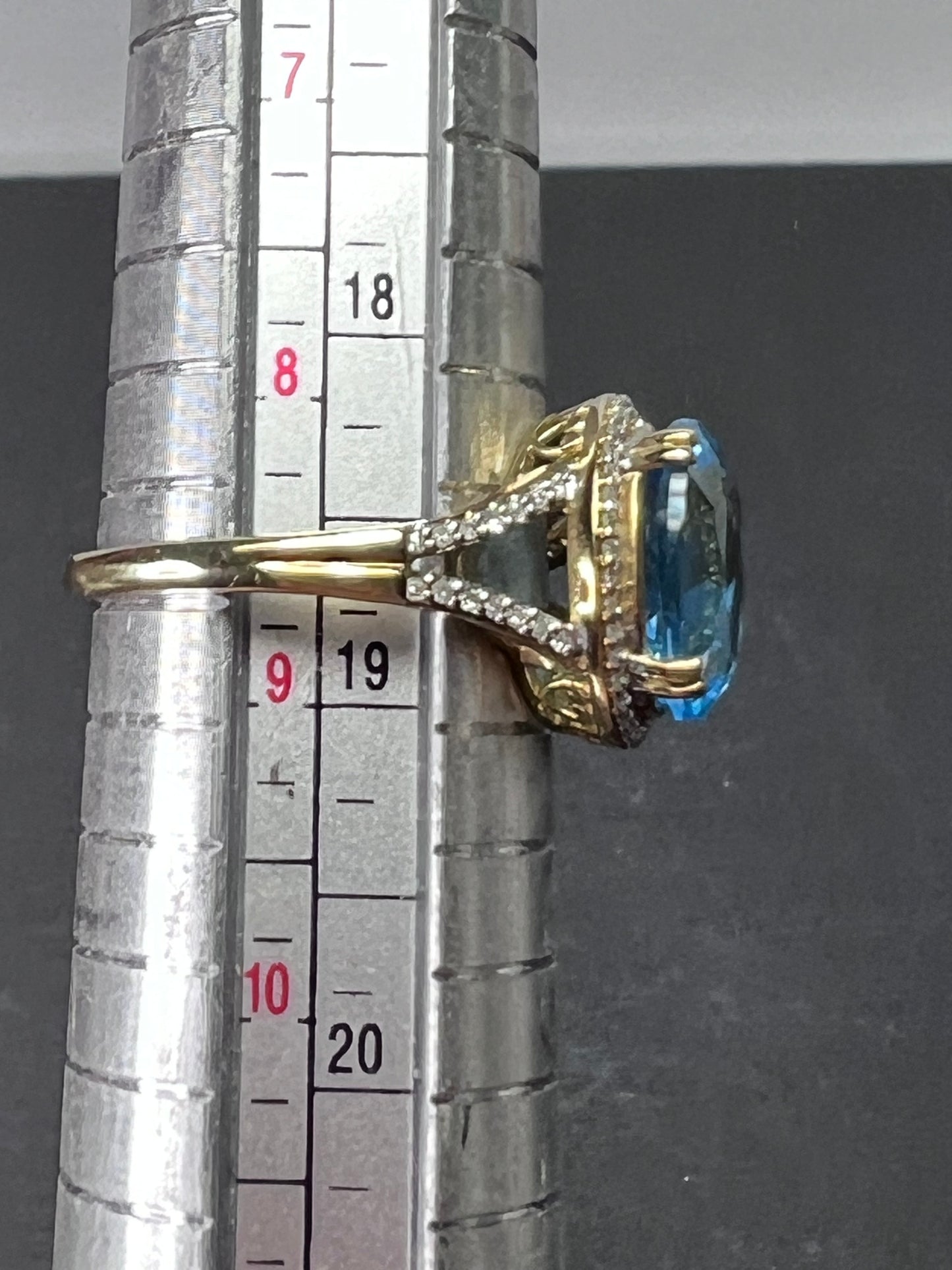 Swiss blue topaz and diamond 10k gold halo ring size 9