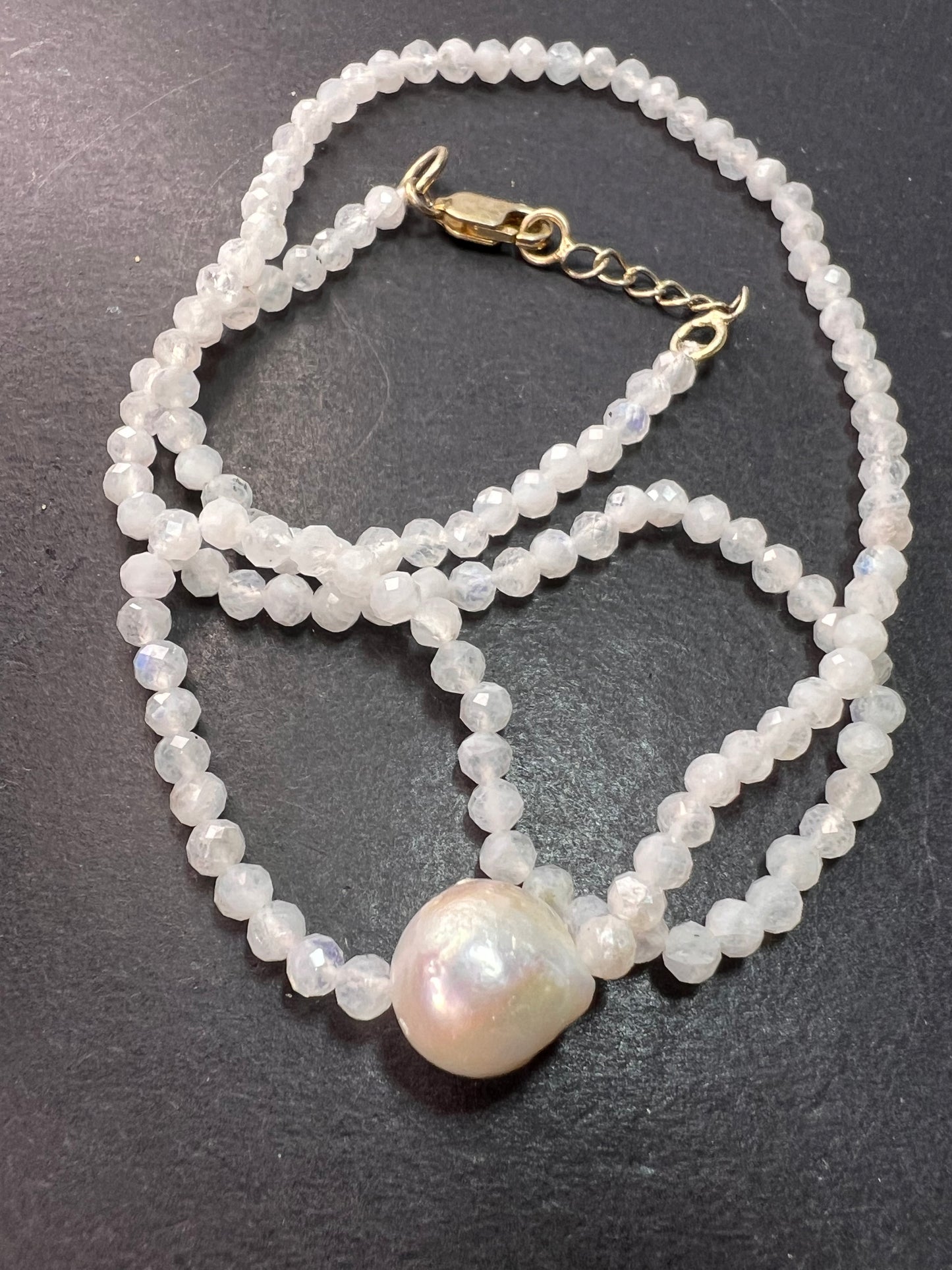 Rainbow moonstone and pearl necklace with sterling silver clasp