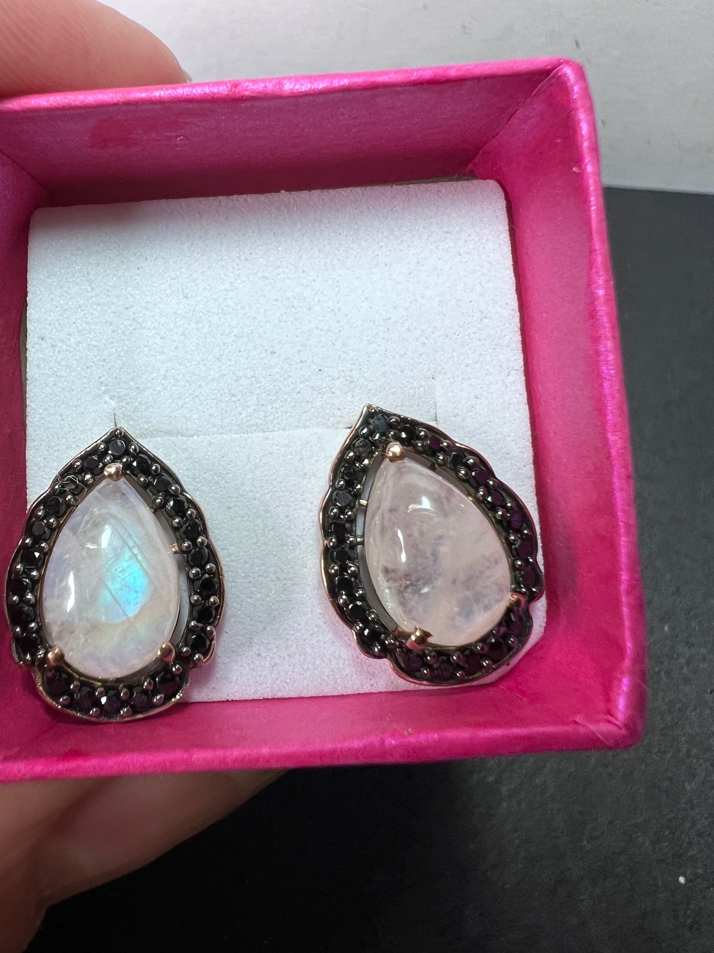 Rainbow moonstone and black spinel tear drop stud halo earrings in rose gold over sterling silver