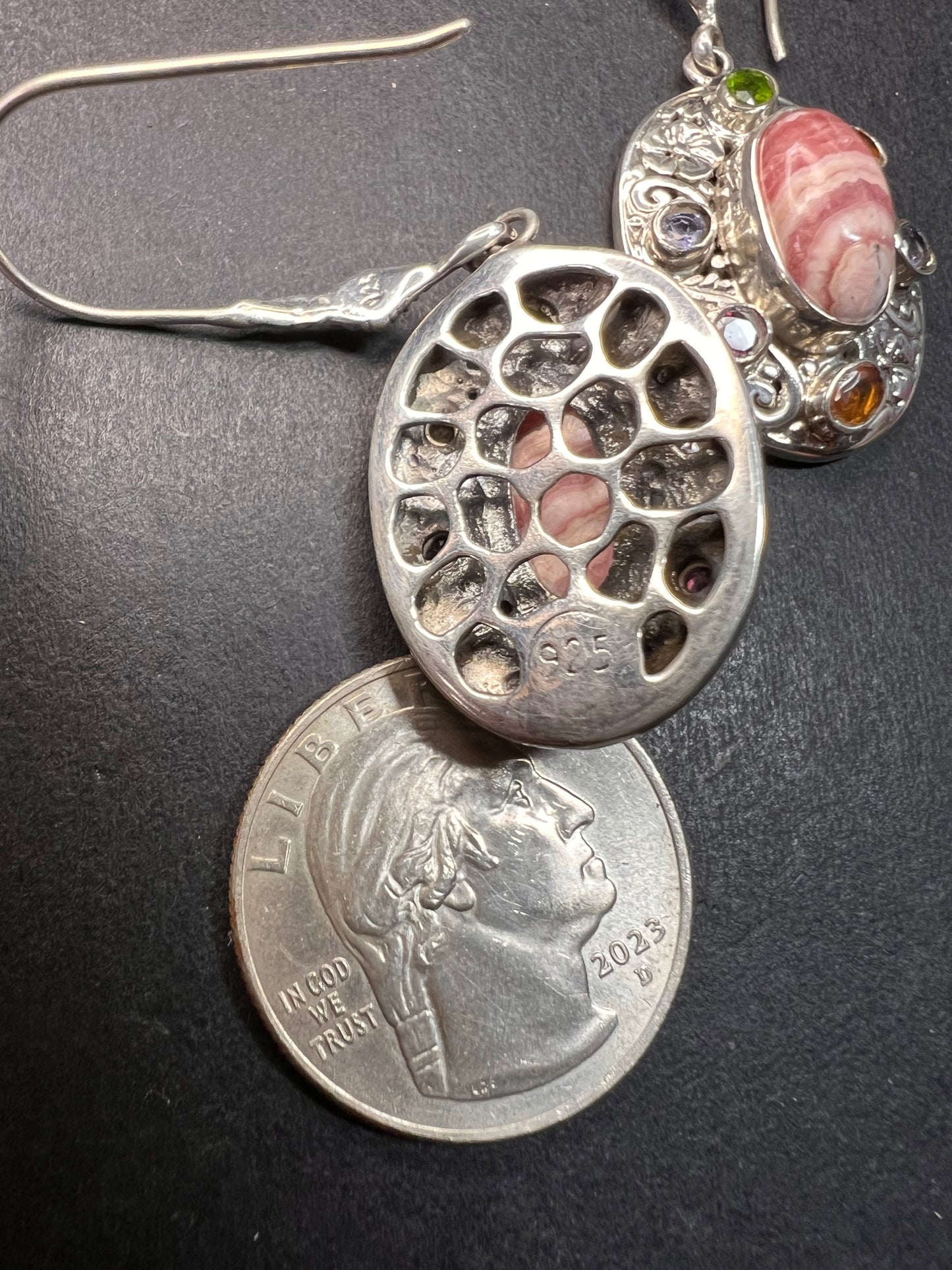 NEW Bali rhodochrosite multi gem sterling silver earrings