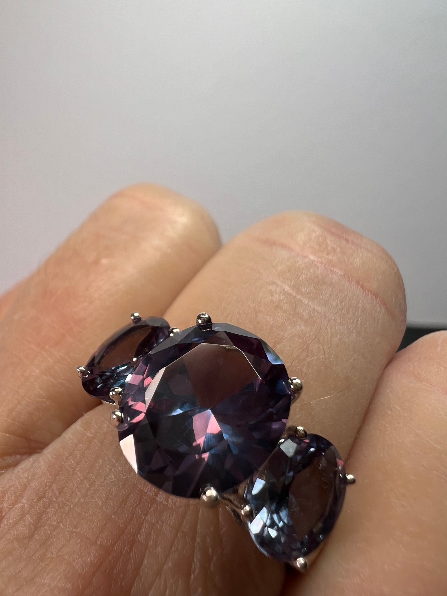 Lab created alexandrite trilogy ring in rhodium over sterling silver size 9