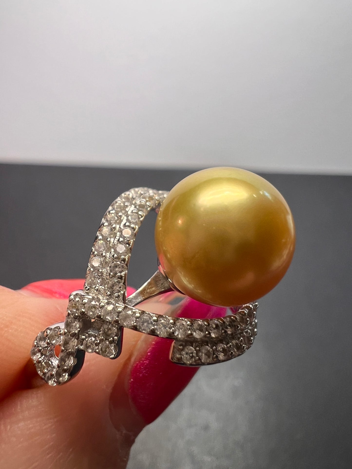 AAA1 Natural Color Deep Gold 11mm Golden South Sea Cultured Pearl and Zircon ring in rhodium over Sterling silver size 9