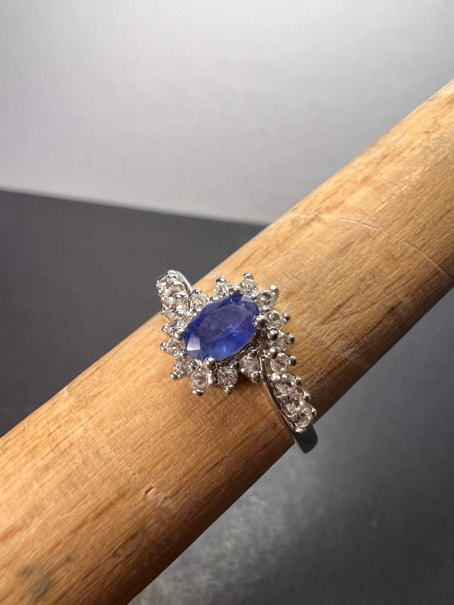 Blue sapphire and zircon ring in platinum over sterling silver size 7 *NEW*