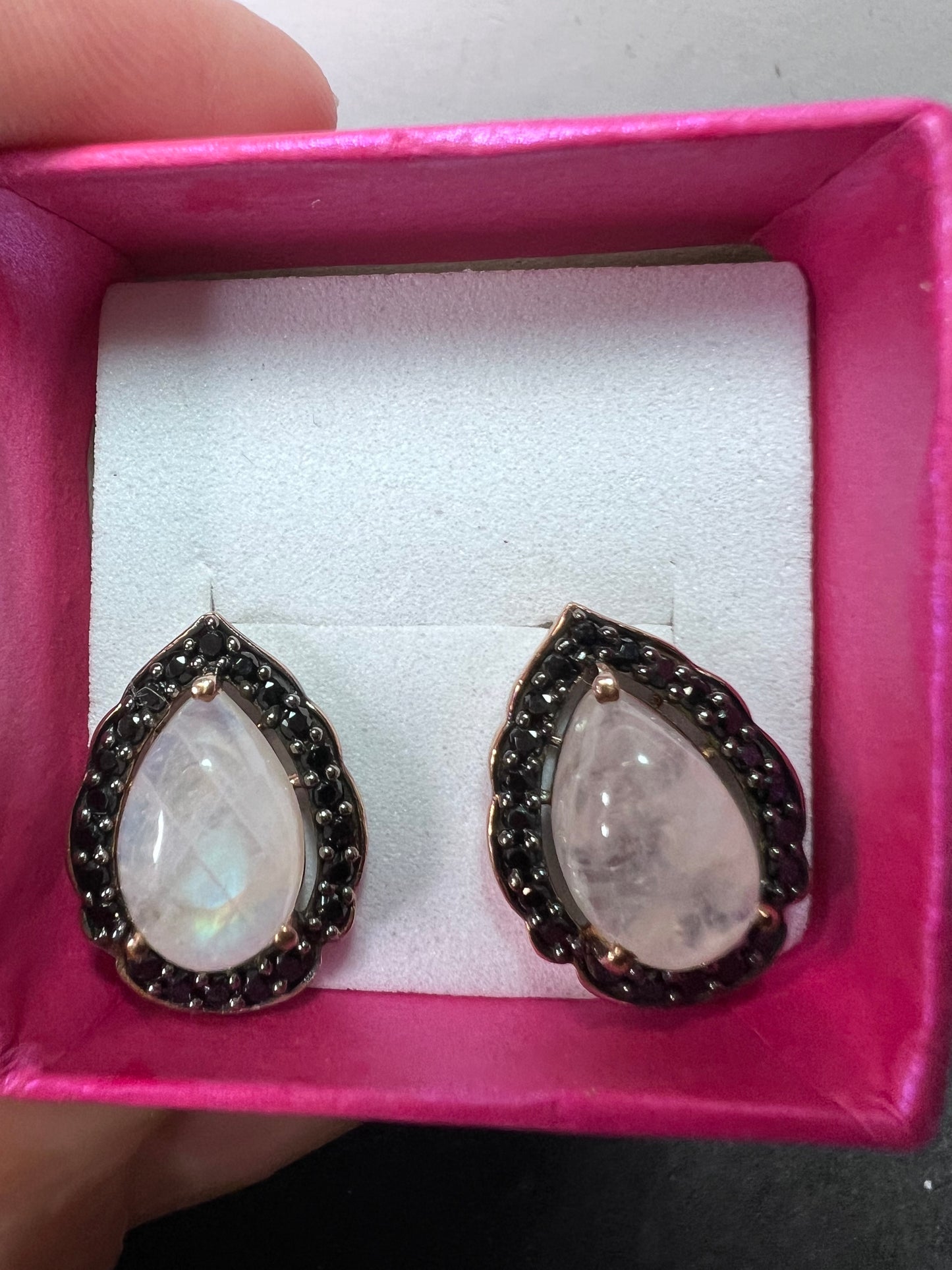 Rainbow moonstone and black spinel tear drop stud halo earrings in rose gold over sterling silver