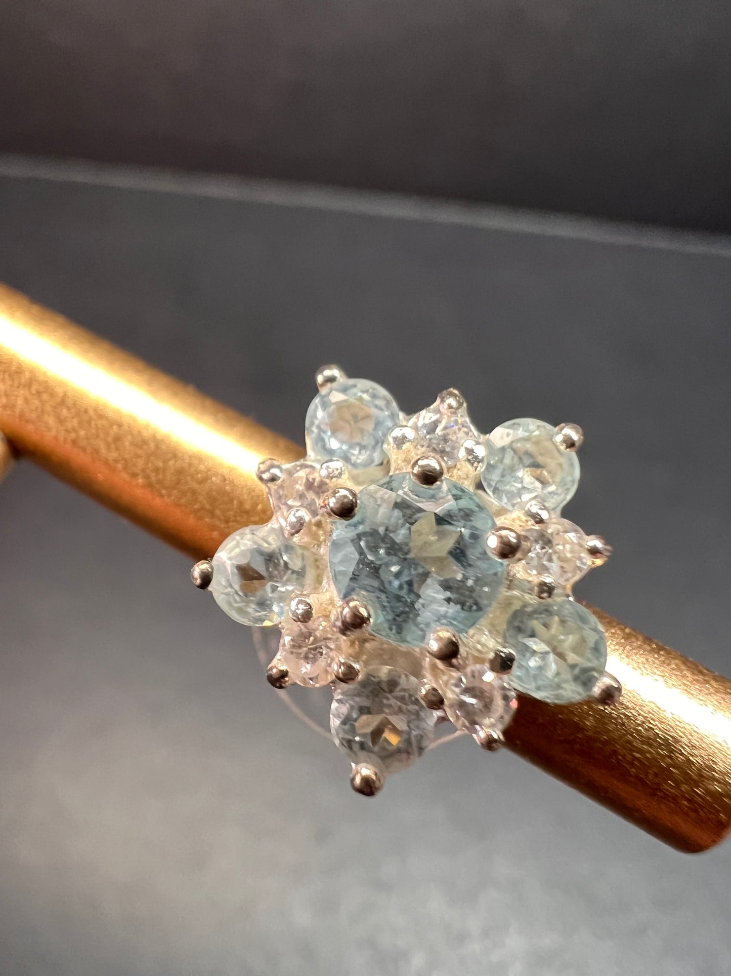 Vintage blue topaz and cz sterling silver snowflake stud earrings