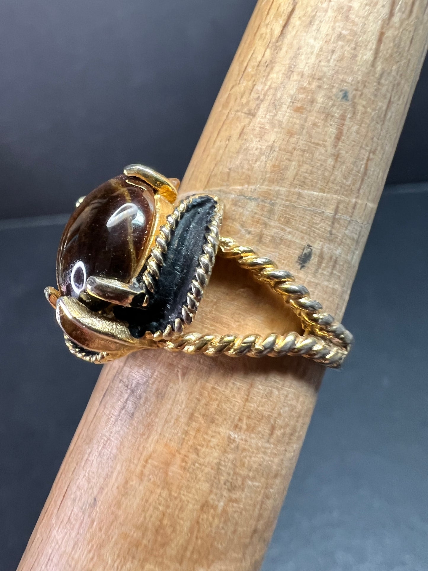 Vintage Espo Tiger’s Eye Ring Size 7.5 18K HGF Gold Filled Statement