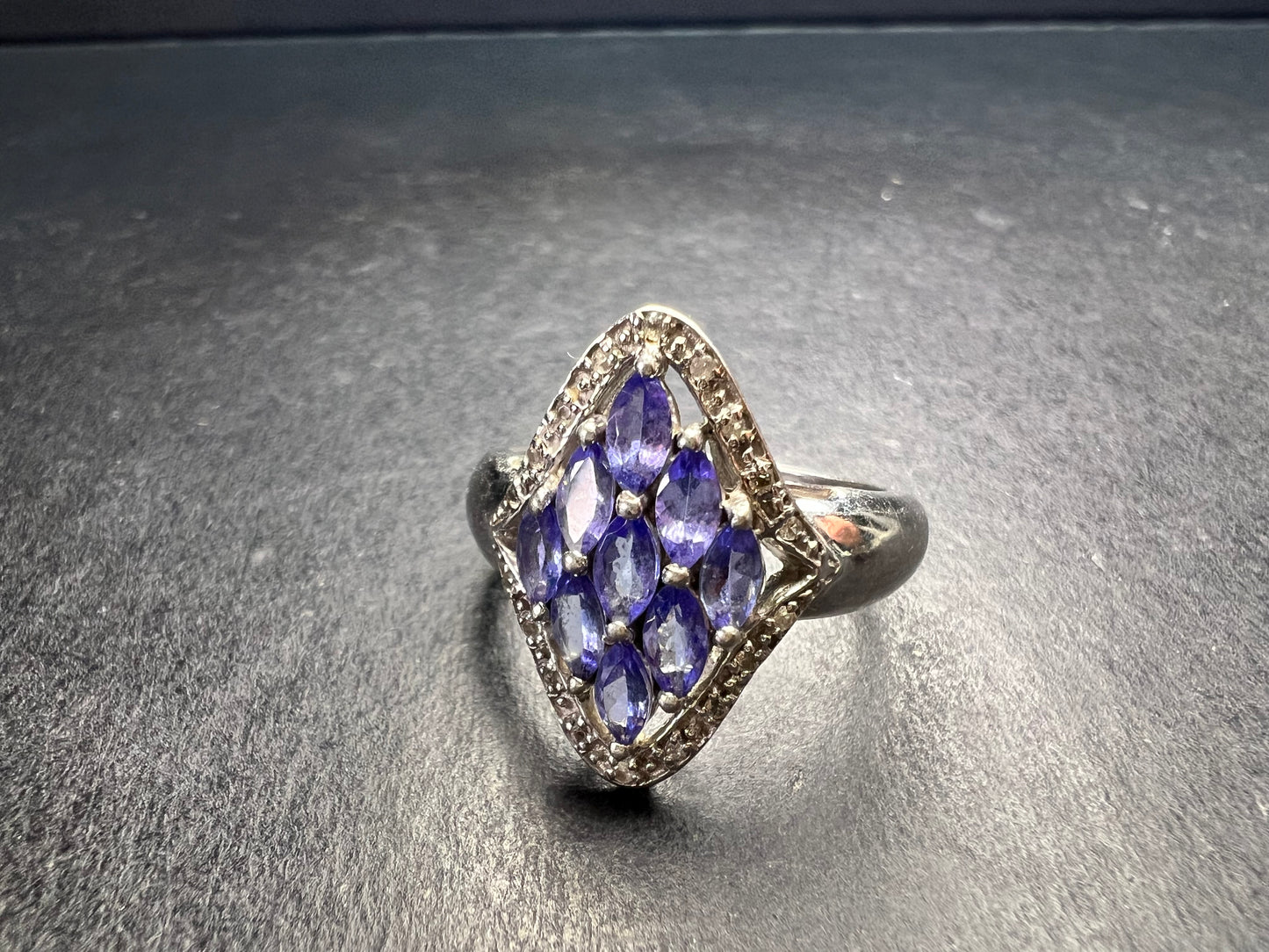 Vintage Tanzanite Diamond Sterling Silver Marquise Ring Size 9