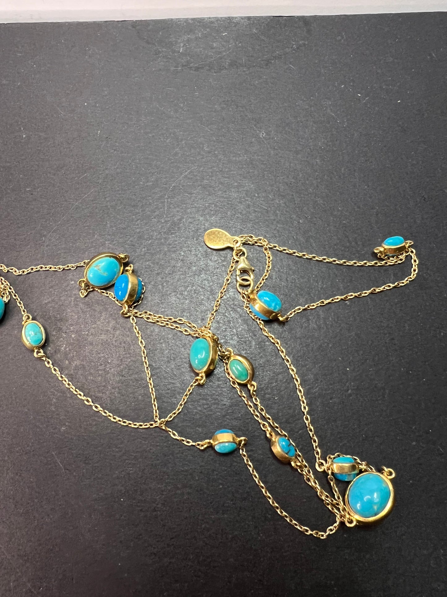 Turquoise 36 inch station necklace in vermeil yellow gold over sterling silver