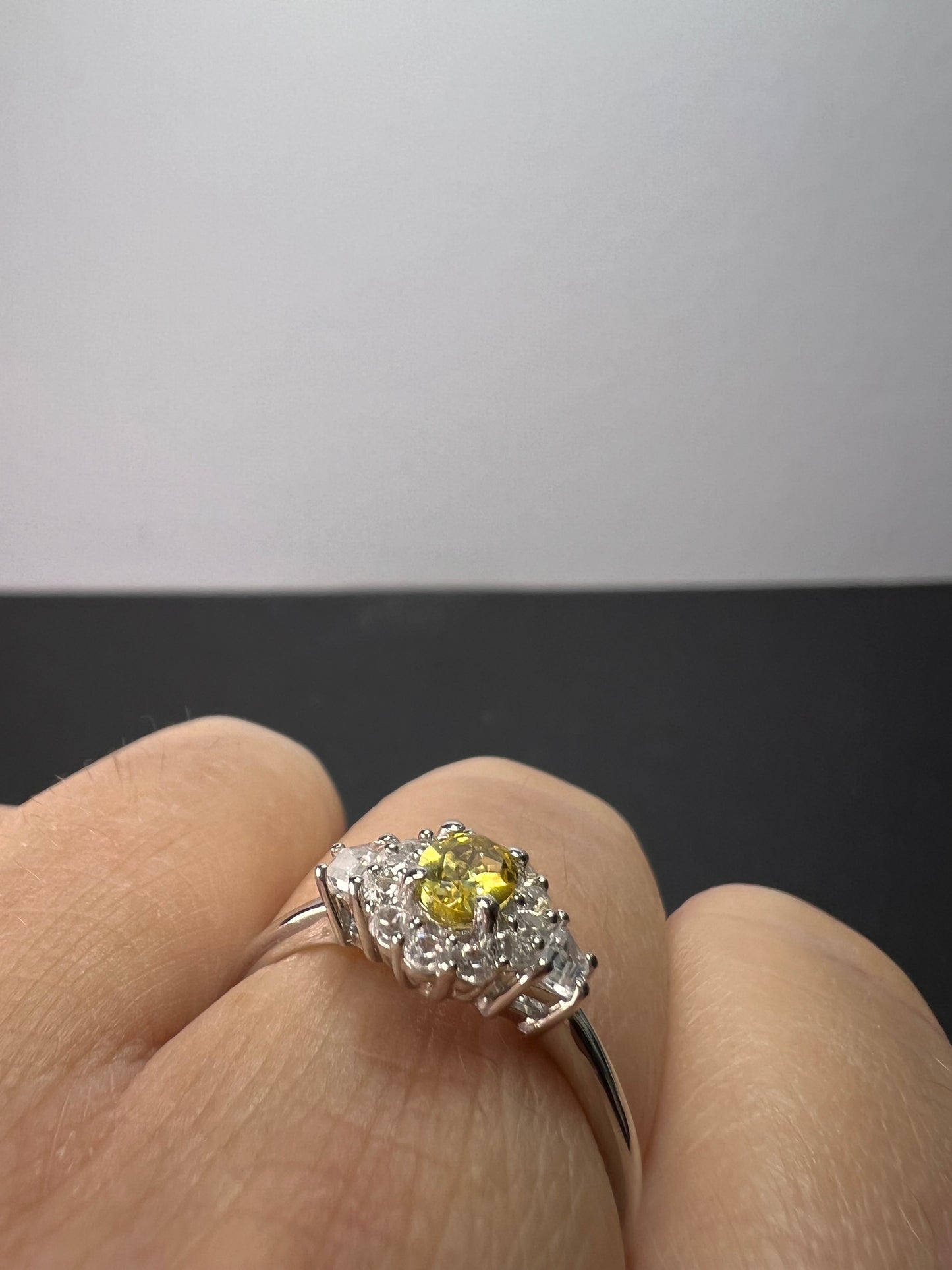 Brazilian sunfire beryl and white zircon halo ring in platinum over sterling silver ring 1.25ctw. size 9