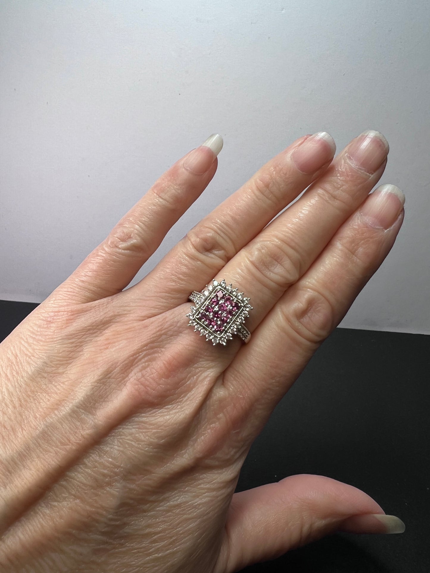 Pink tourmaline and white topaz sterling silver cluster ring size 9