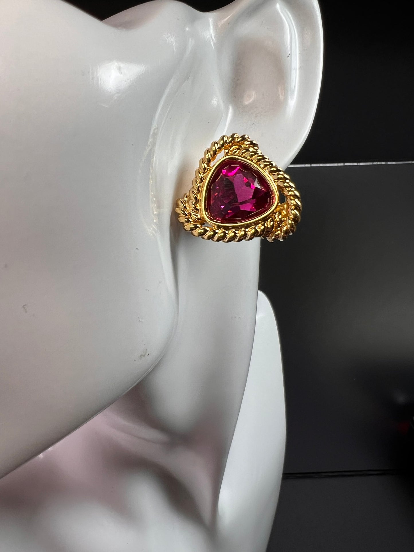 Vintage Swarovski Magenta Crystal Gold Tone Rope Post Earrings