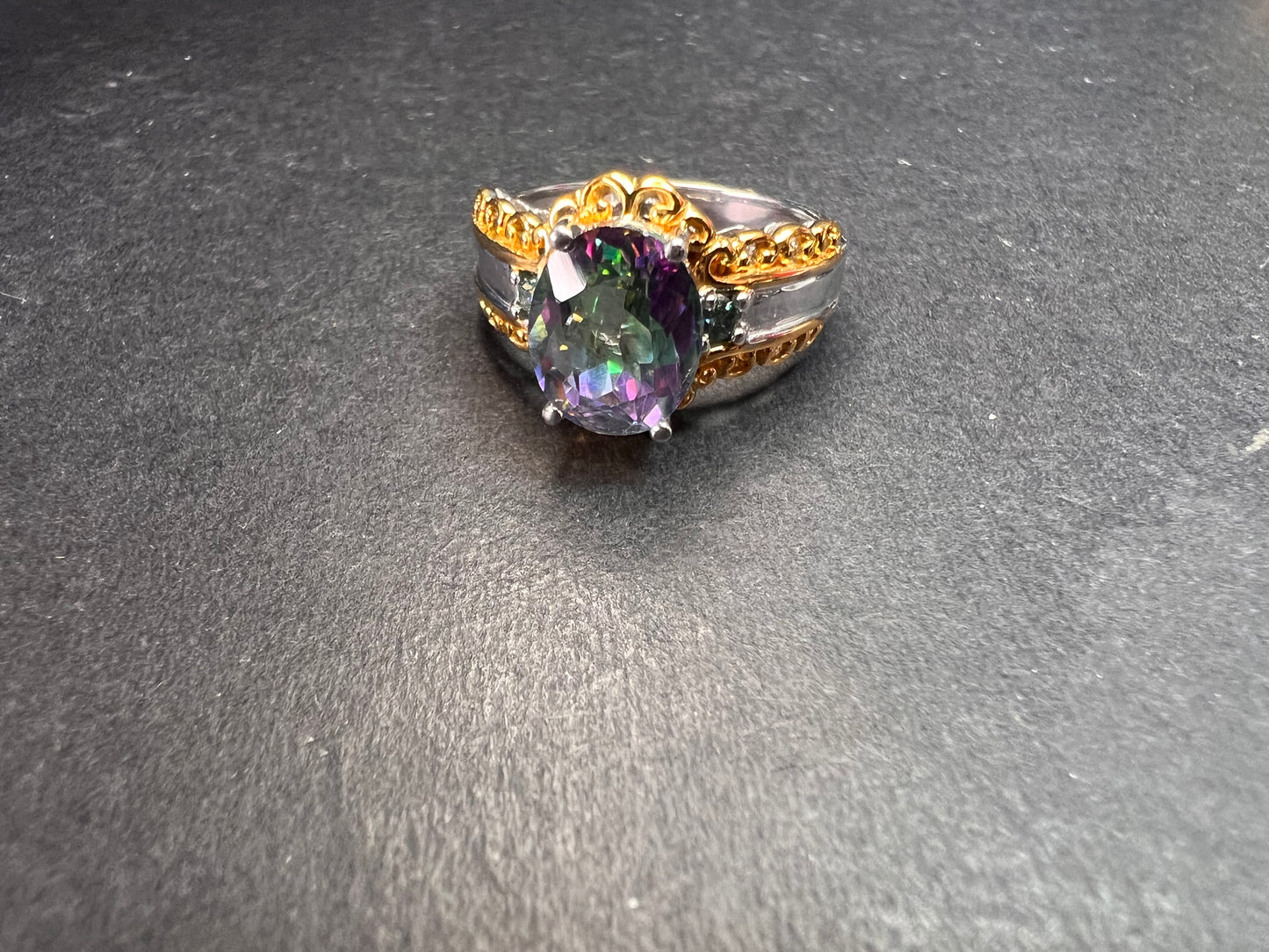 NEW green mystic topaz two toned sterling silver ring size 8