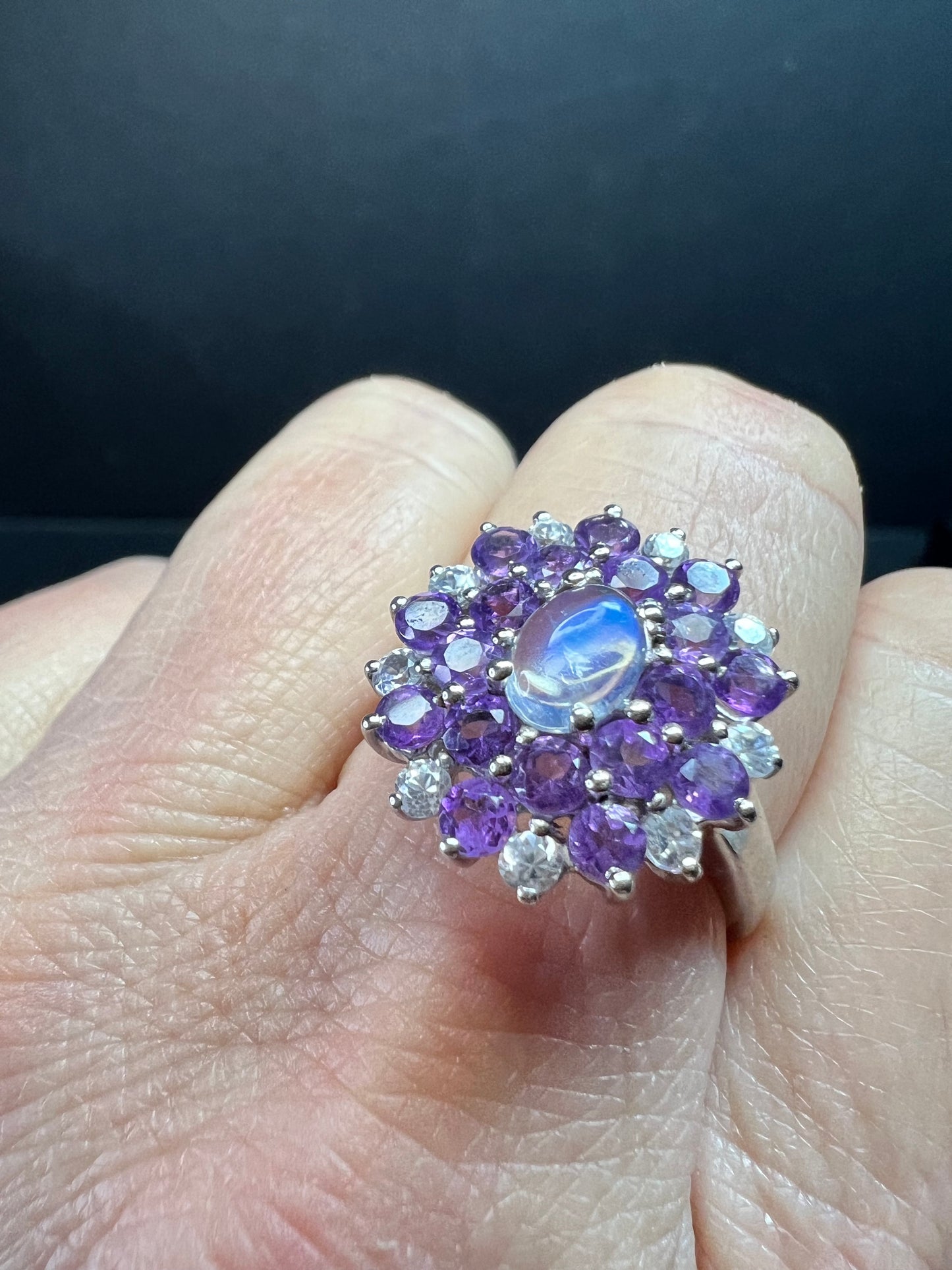 Rainbow Moonstone Amethyst White Topaz Sterling Ring Sz 9