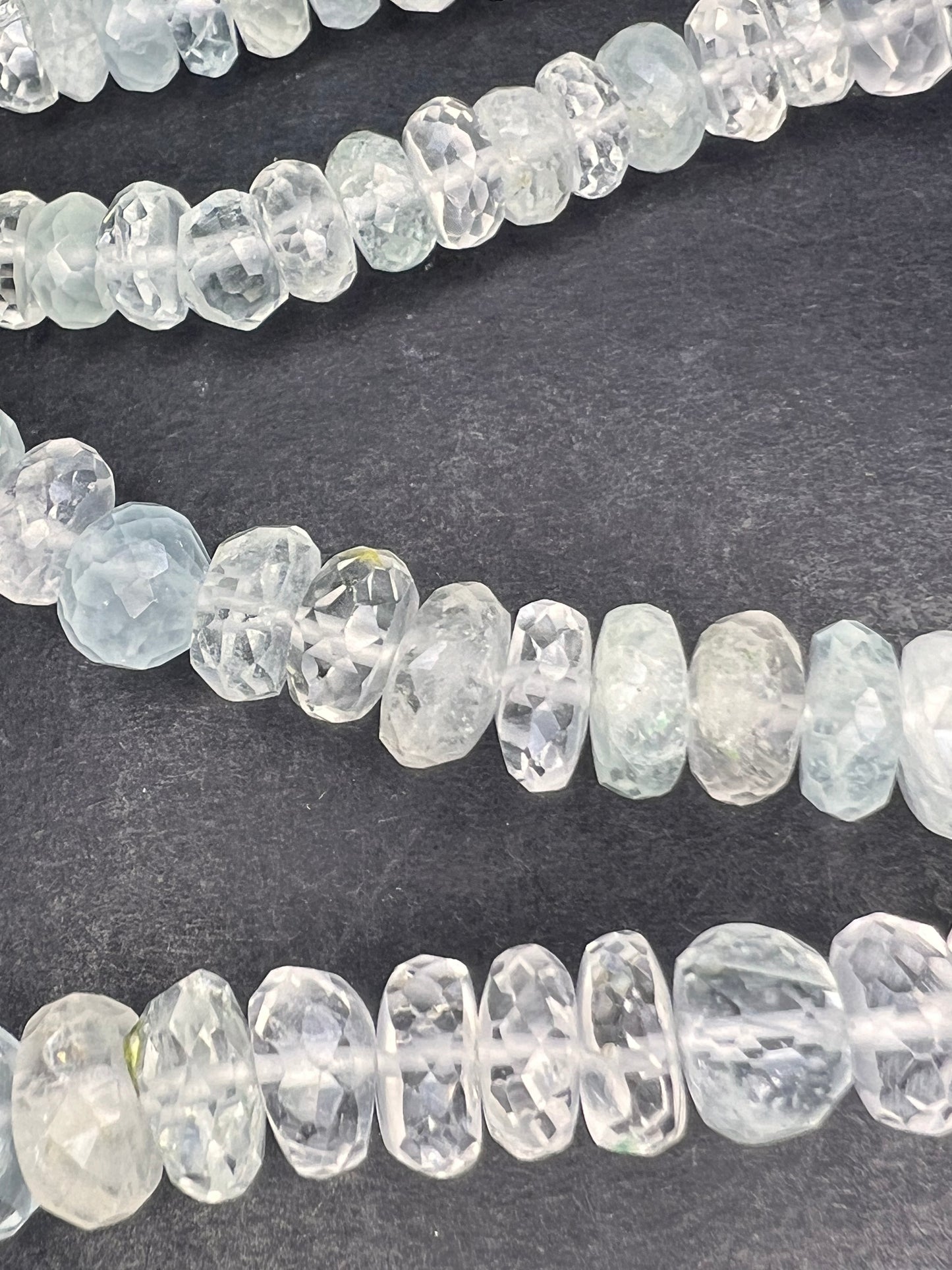 Natural aquamarine faceted rondelle graduated 20 inch necklace with platinum over sterling clasp