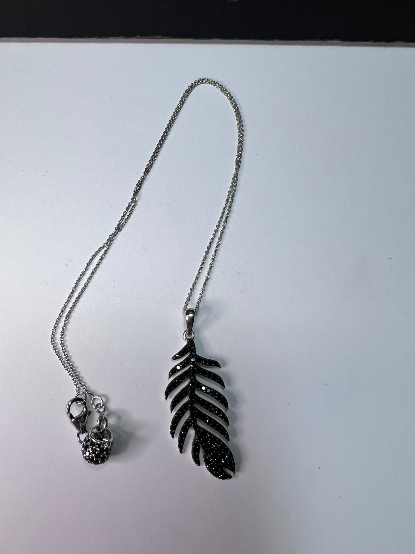 Black Spinel Sterling Silver Feather Pendant With 18 inch Chain