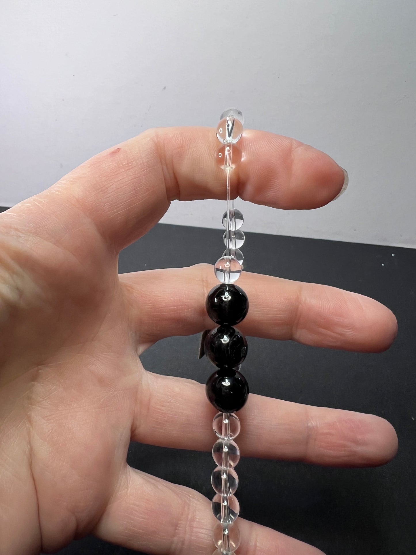 Clear quartz and black tourmaline stretch bracelet 8 inch