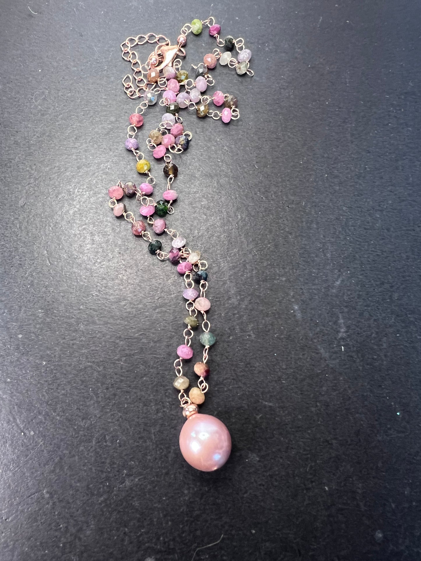 12-12.5mm Pink Cultured Freshwater Pearl & Tourmaline 18k Rose Gold Over Silver 18 Inch Necklace