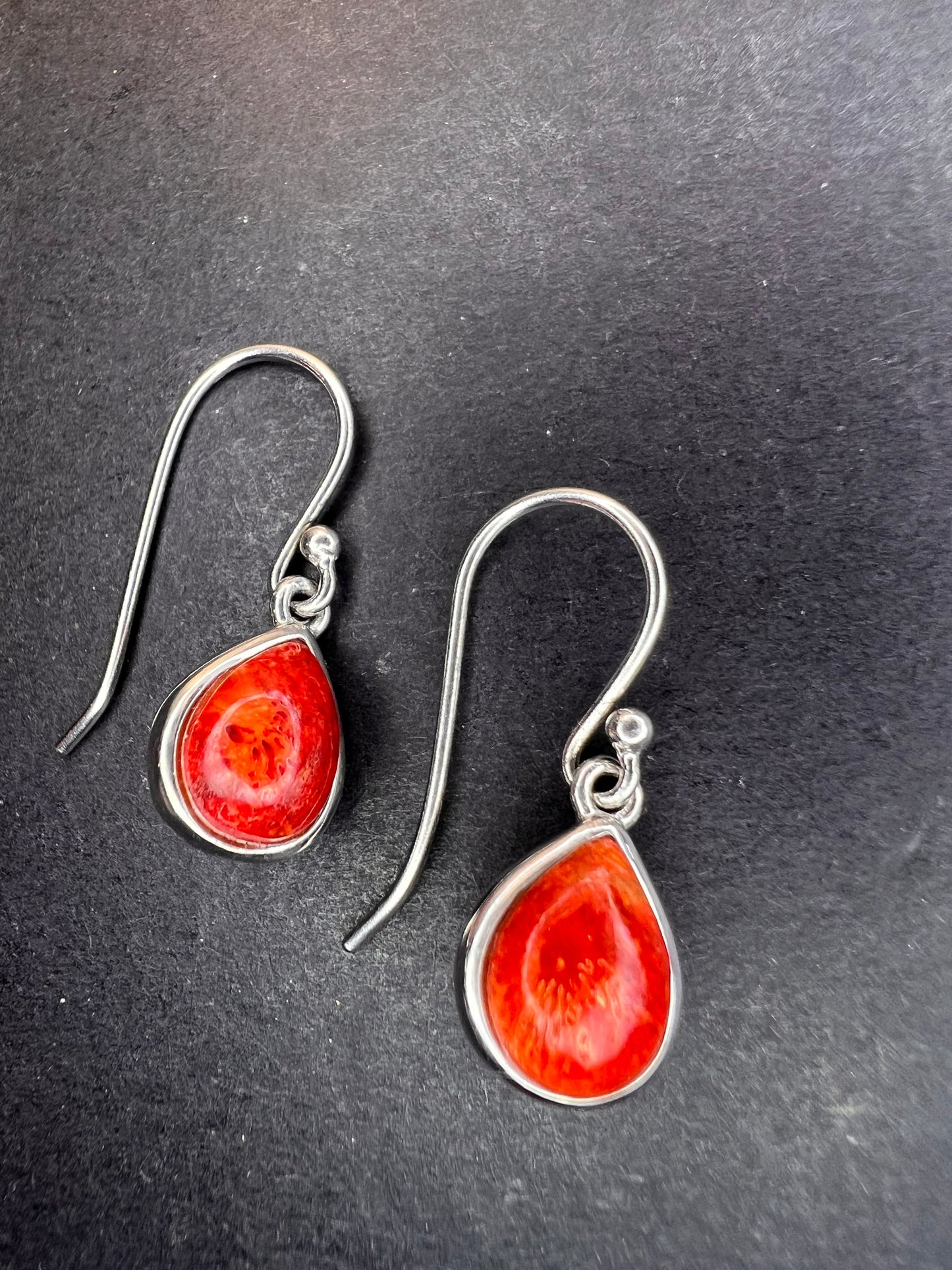 Red sponge coral sterling silver teardrop earrings