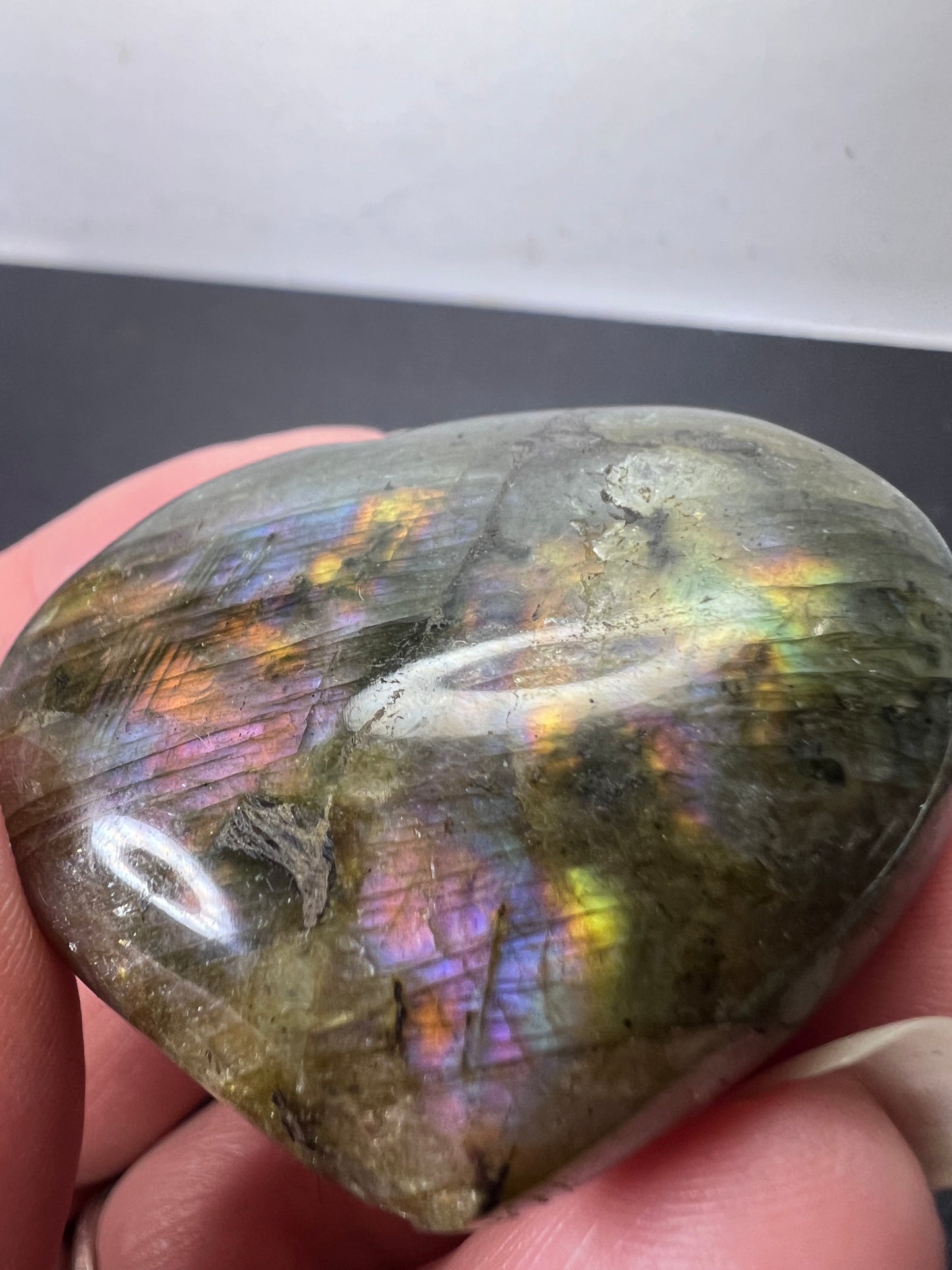 Labradorite heart with pink purple flash