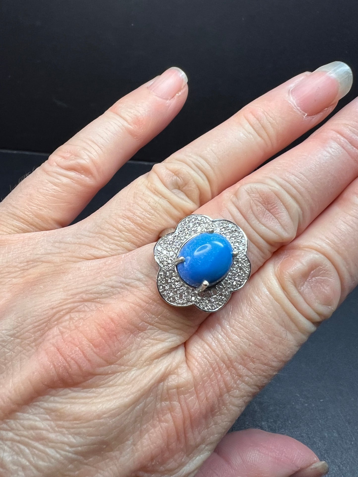 NEW Ceruleite and zircon blossom ring in rhodium over sterling silver size 8