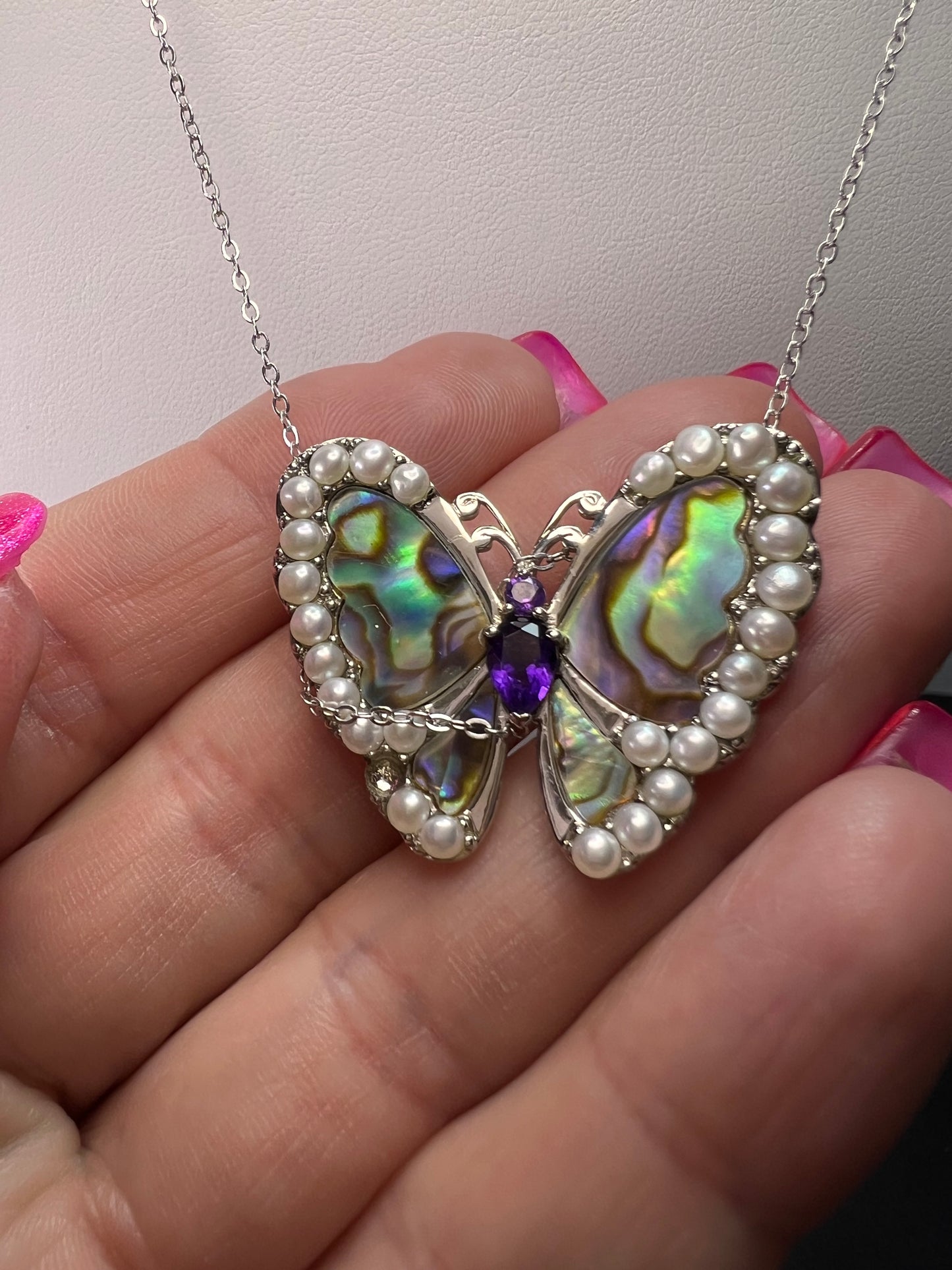 Abalone, amethyst and pearl butterfly sterling silver necklace