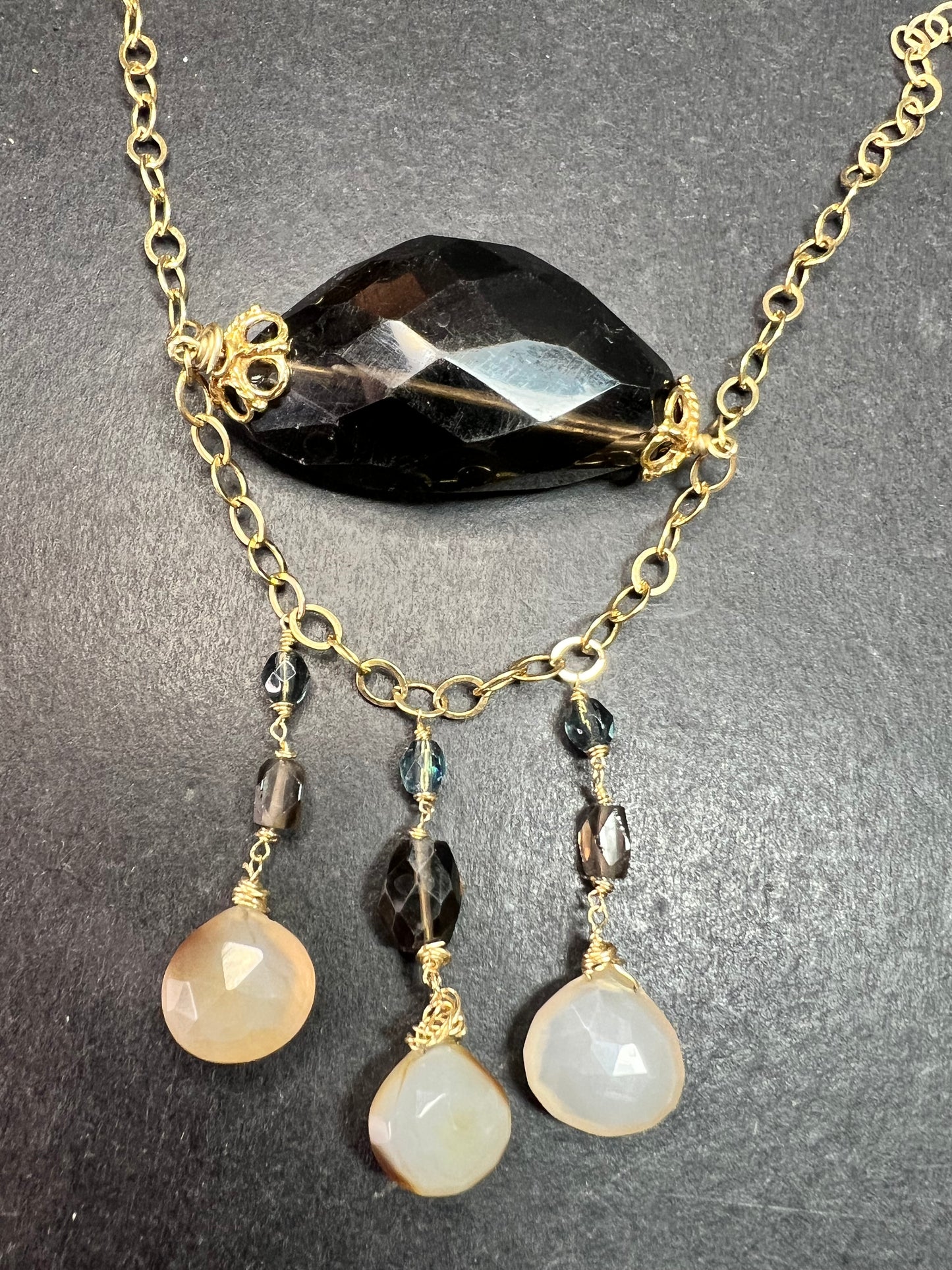 Gold Filled Smoky Quartz & Faceted Agate Drop Necklace 16–18”
