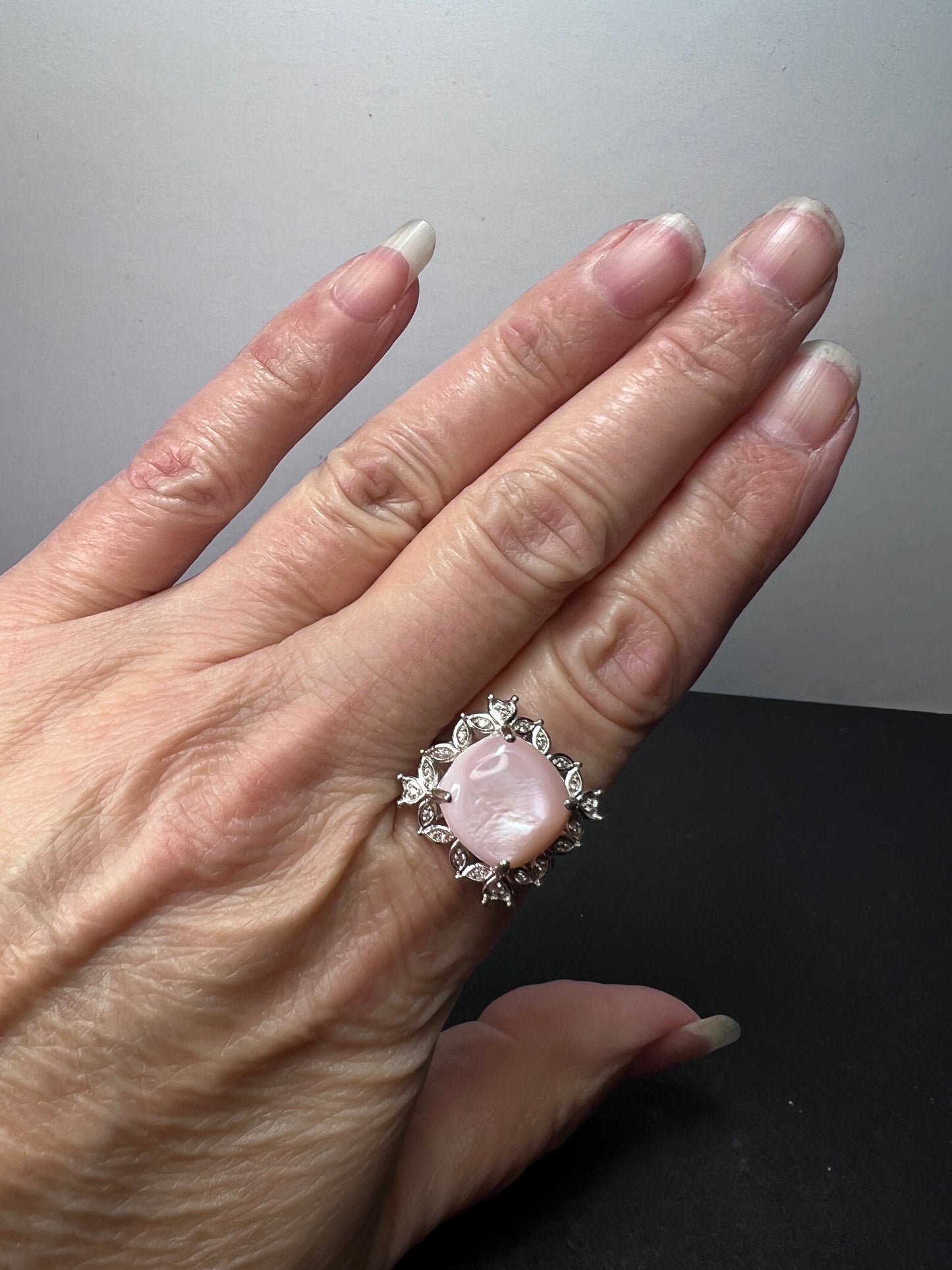 Pink Mother-of-Pearl With White Zircon Rhodium Over Sterling Silver Ring size 8