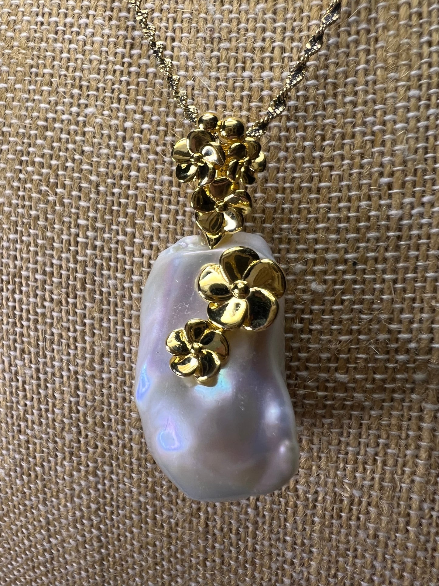 Baroque pearl floral pendant necklace with 30 inch gold over sterling silver chain