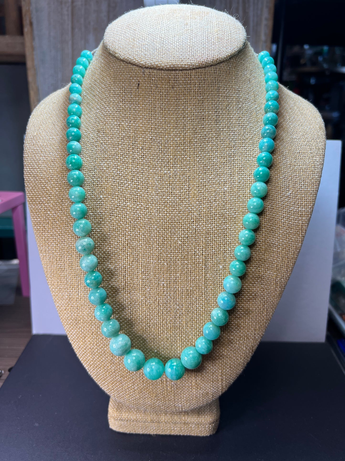 Amazonite beaded bolo necklace with sterling clasp and slide adjustments