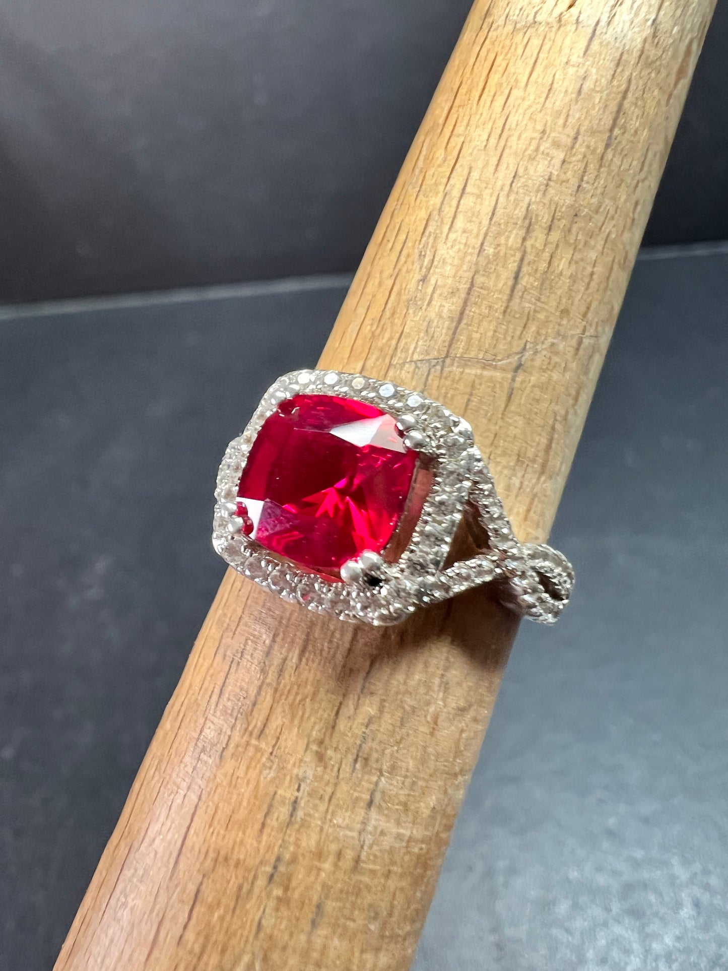 Sterling Silver Lab Ruby Halo Ring Size 7 DHJ 925