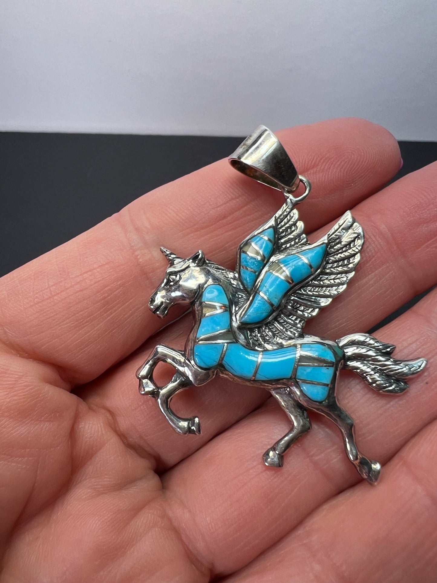 Turquoise and lab opal inlay Pegasus unicorn sterling silver pendant