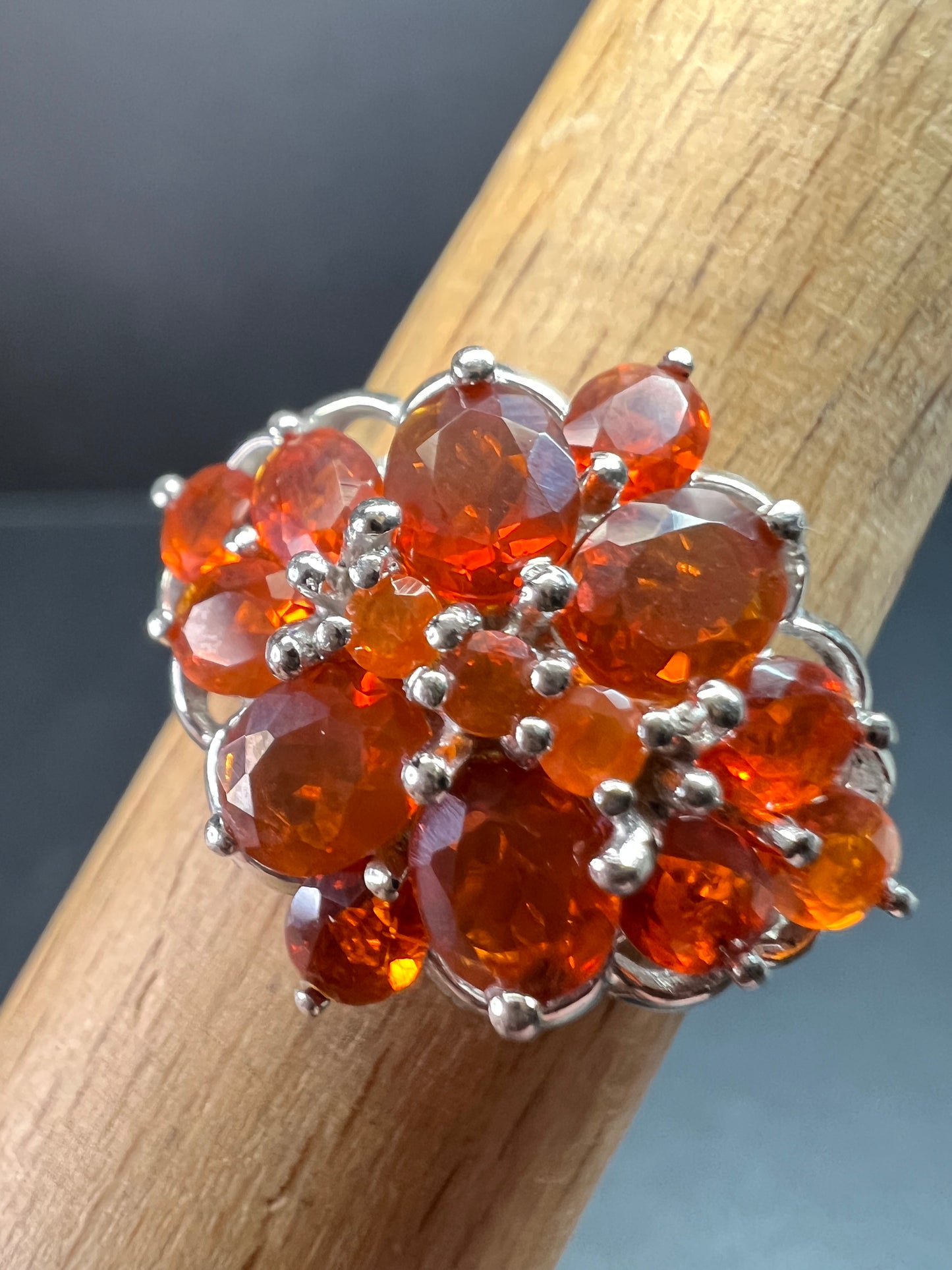 Vintage Sterling Silver Mexican Fire Opal Floral Cluster Ring Sz 9