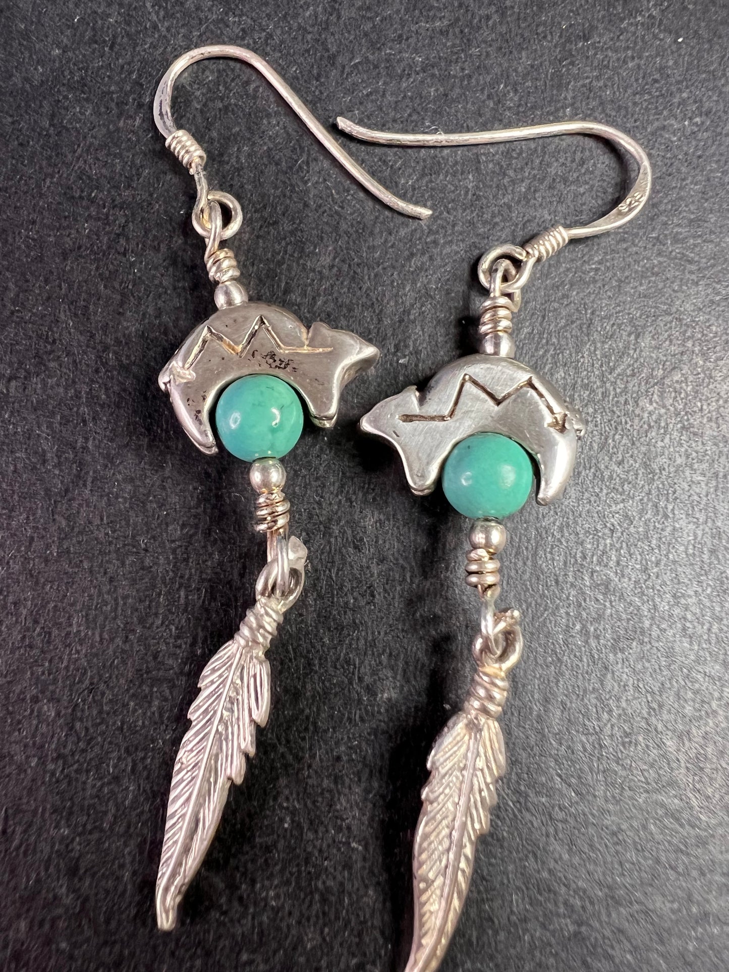 Vintage Sterling Silver Turquoise Earrings – Bear & Feather Motif