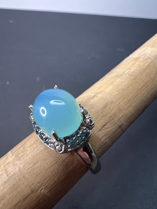 Aqua blue chalcedony blue topaz sterling silver halo ring size 7