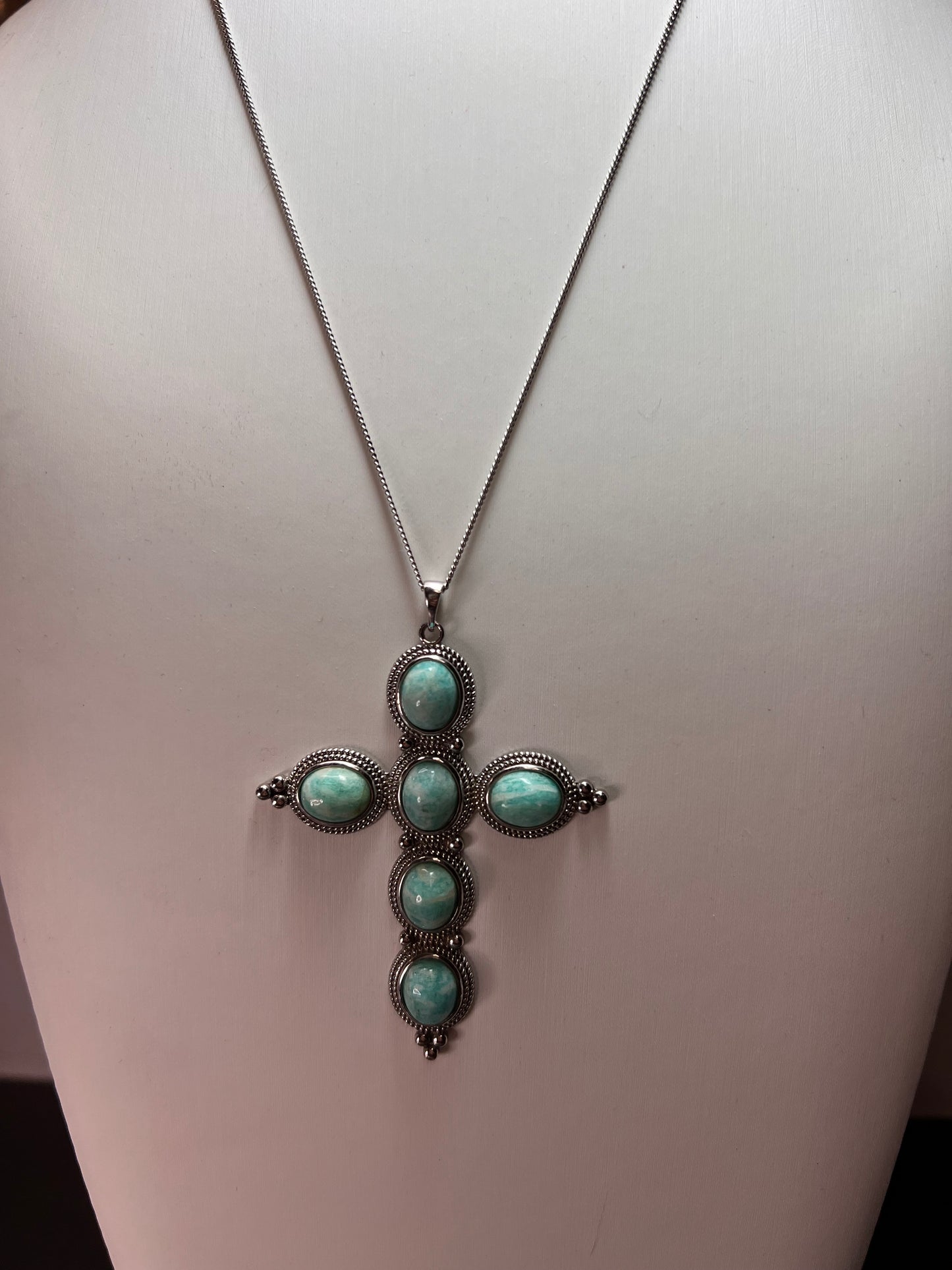 Amazonite cross pendant and chain necklace in sterling silver