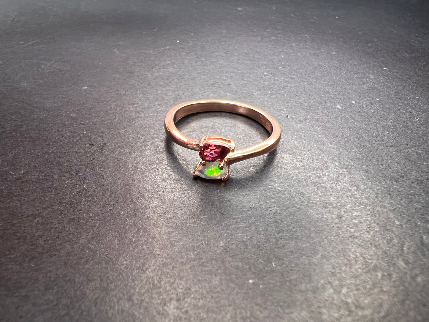 Rubellite and Ethiopian welo opal bypass ring in rose gold vermeil over sterling silver size 7. .35ctw