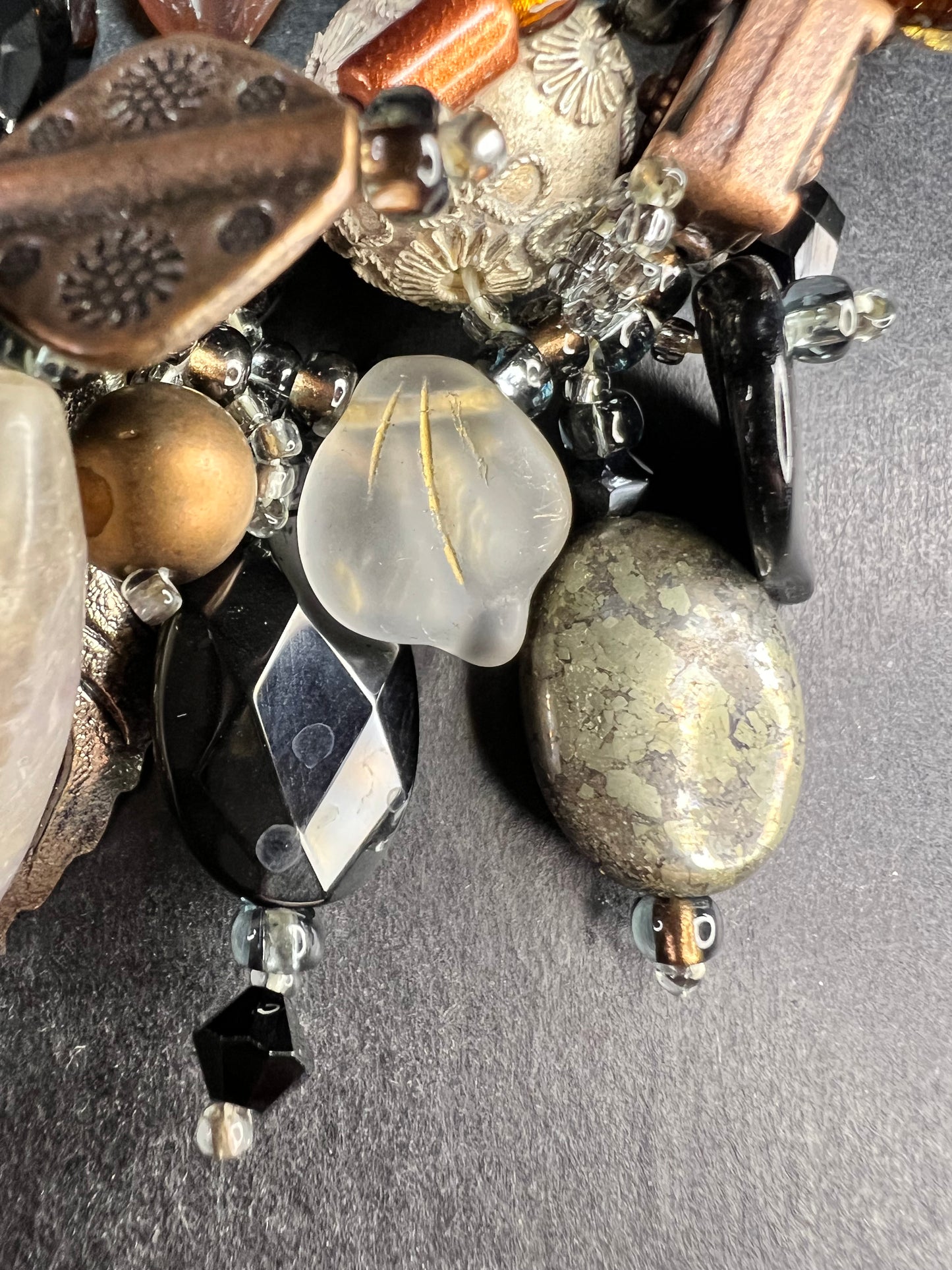 Artisan Copper Wire Necklace Glass Onyx Pyrite Amber Pearl 17”