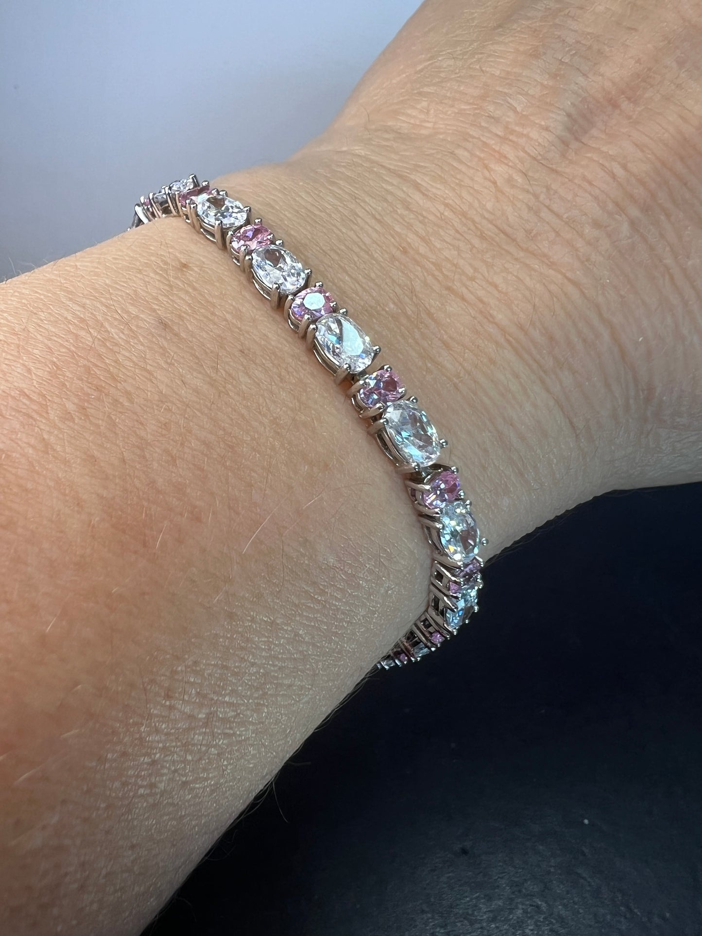 Pink and white cubic zirconia sterling silver 7 inch bracelet