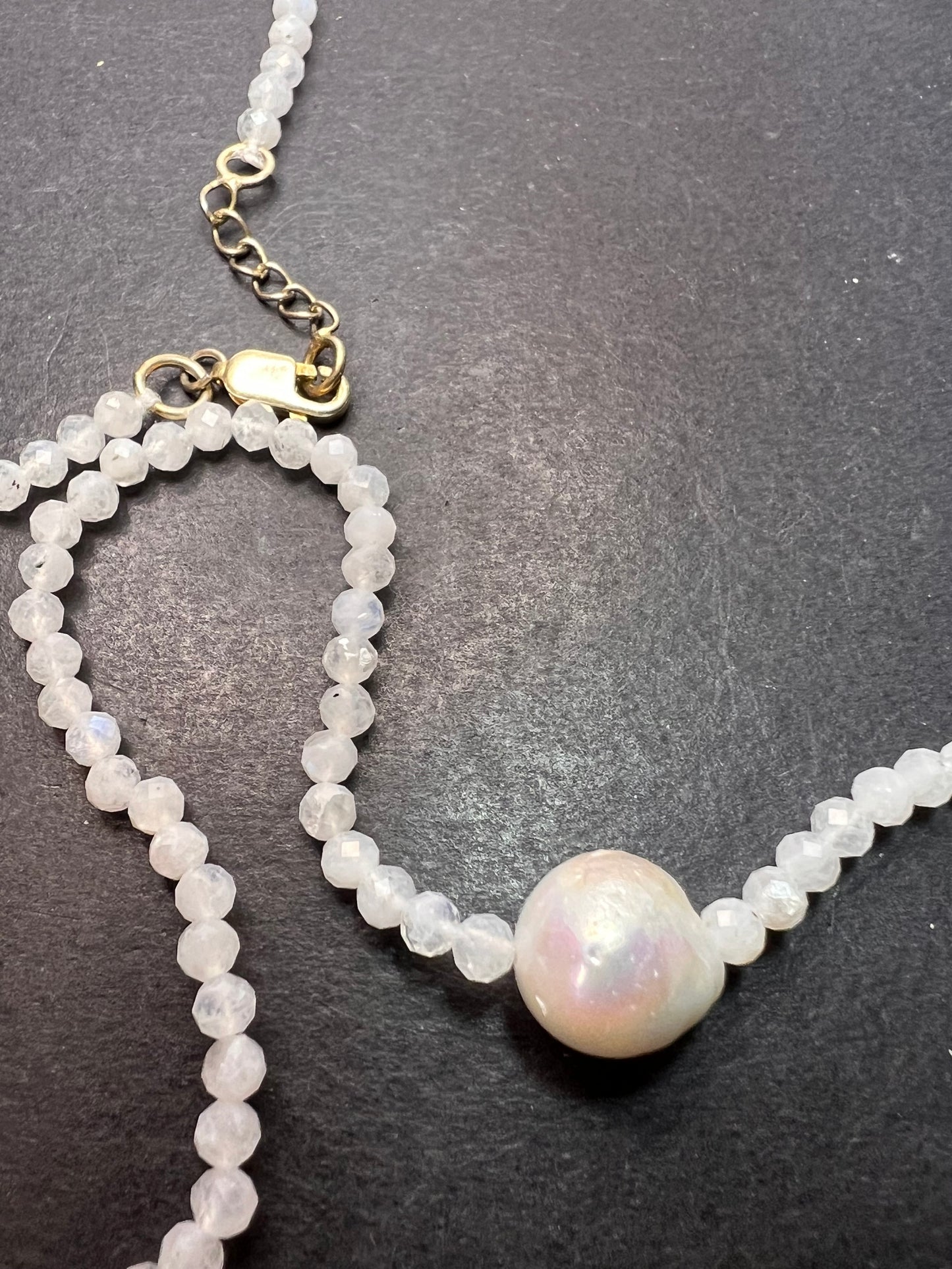 Rainbow moonstone and pearl necklace with sterling silver clasp