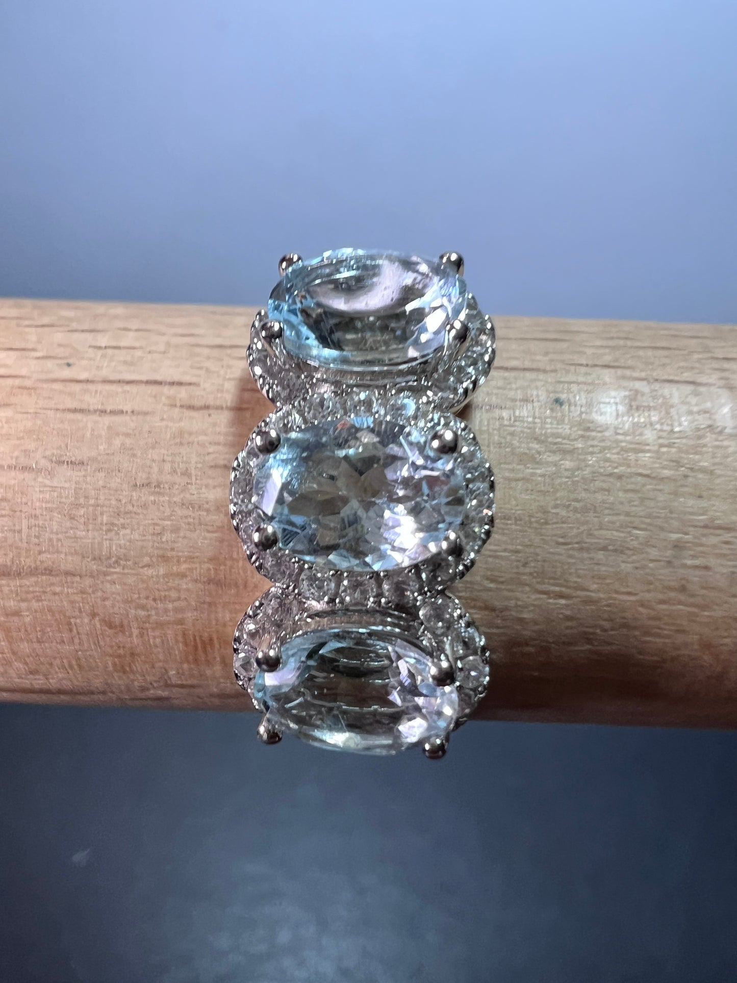 Aquamarine triple stone halo  ring size 10 in sterling silver