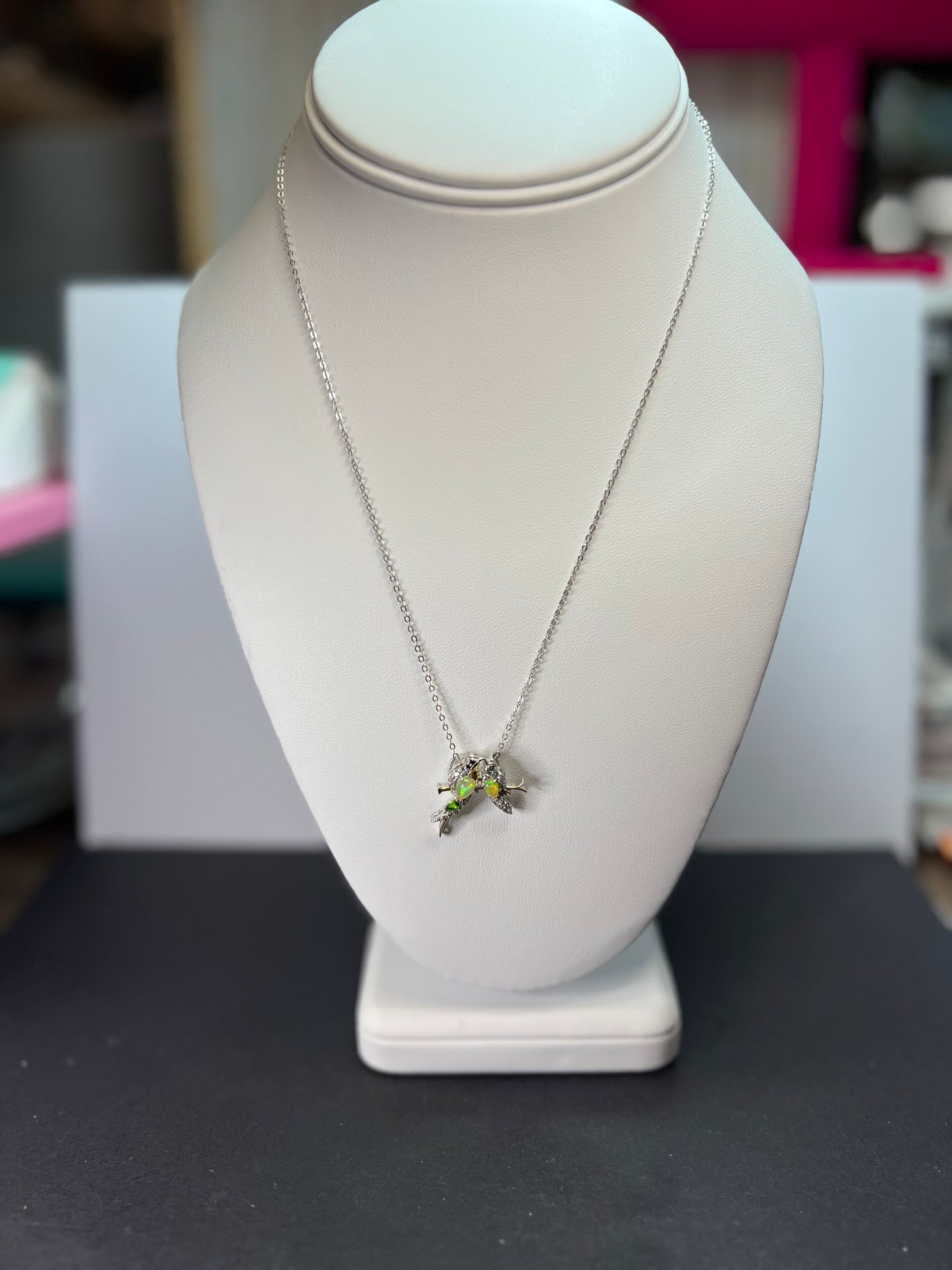 Ethiopian opal love birds multi gemstone two toned pendant and chain in gold and rhodium over sterling silver