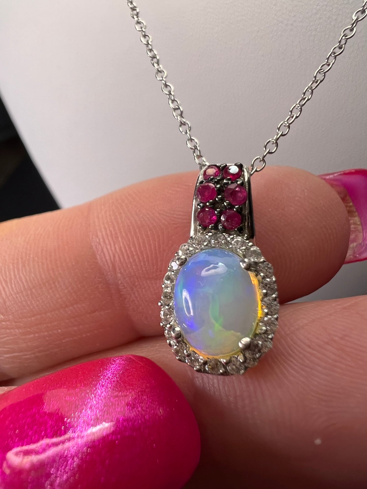 Ethiopian opal, ruby and zircon pendant and chain in platinum over sterling silver *NEW*