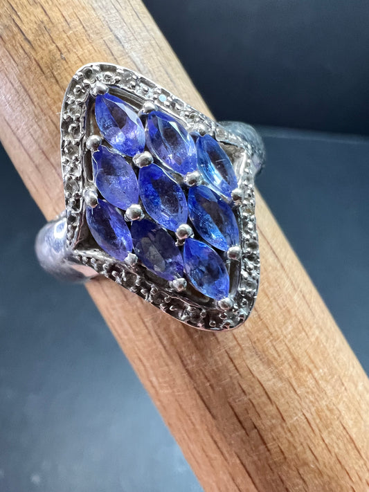 Vintage Tanzanite Diamond Sterling Silver Marquise Ring Size 9