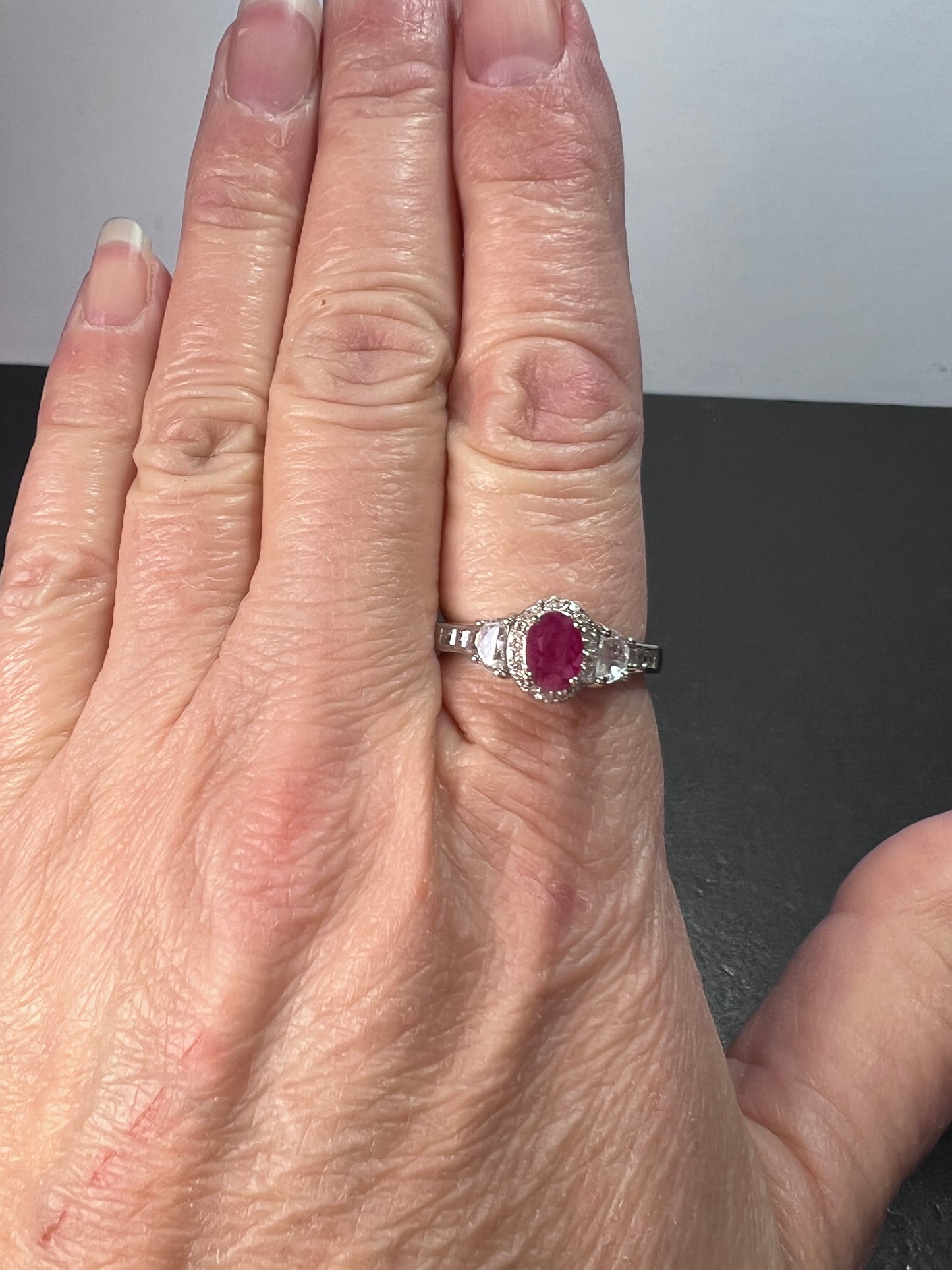 Ruby and white topaz sterling halo ring size 9