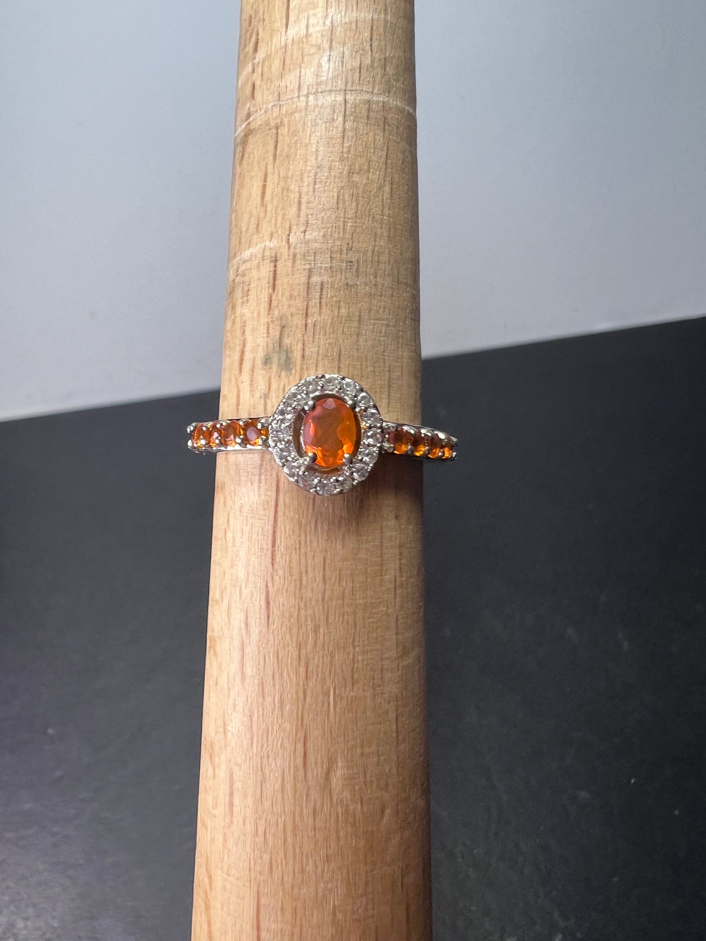 Mexican fire opal halo ring in sterling silver size 9