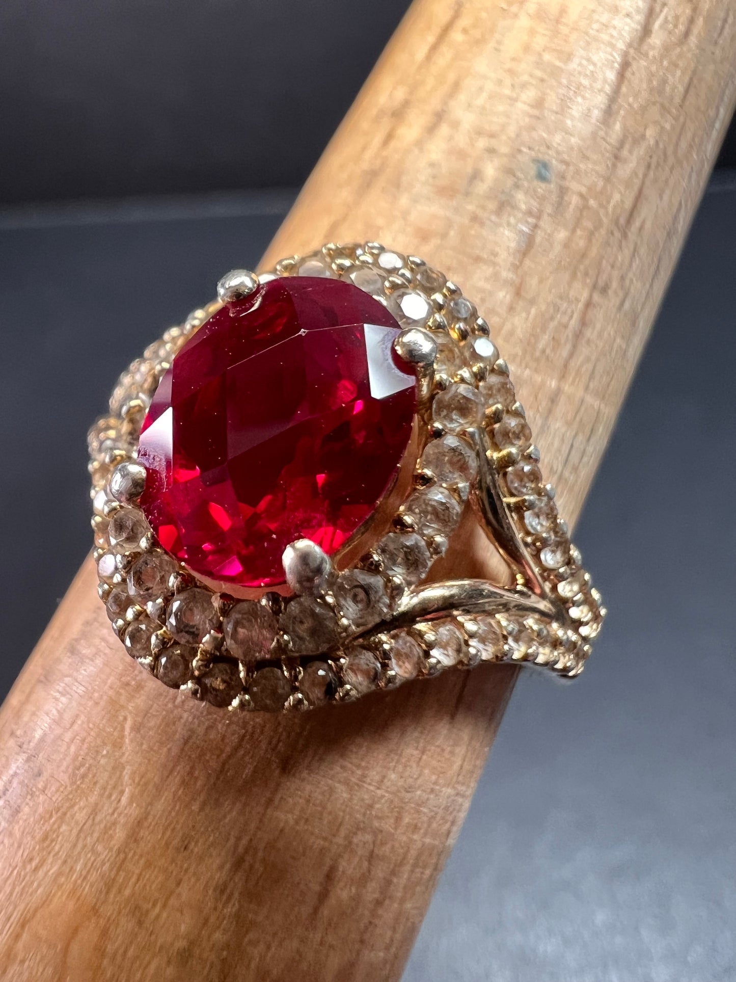 Lab Ruby and topaz halo ring in gold over sterling silver size 7
